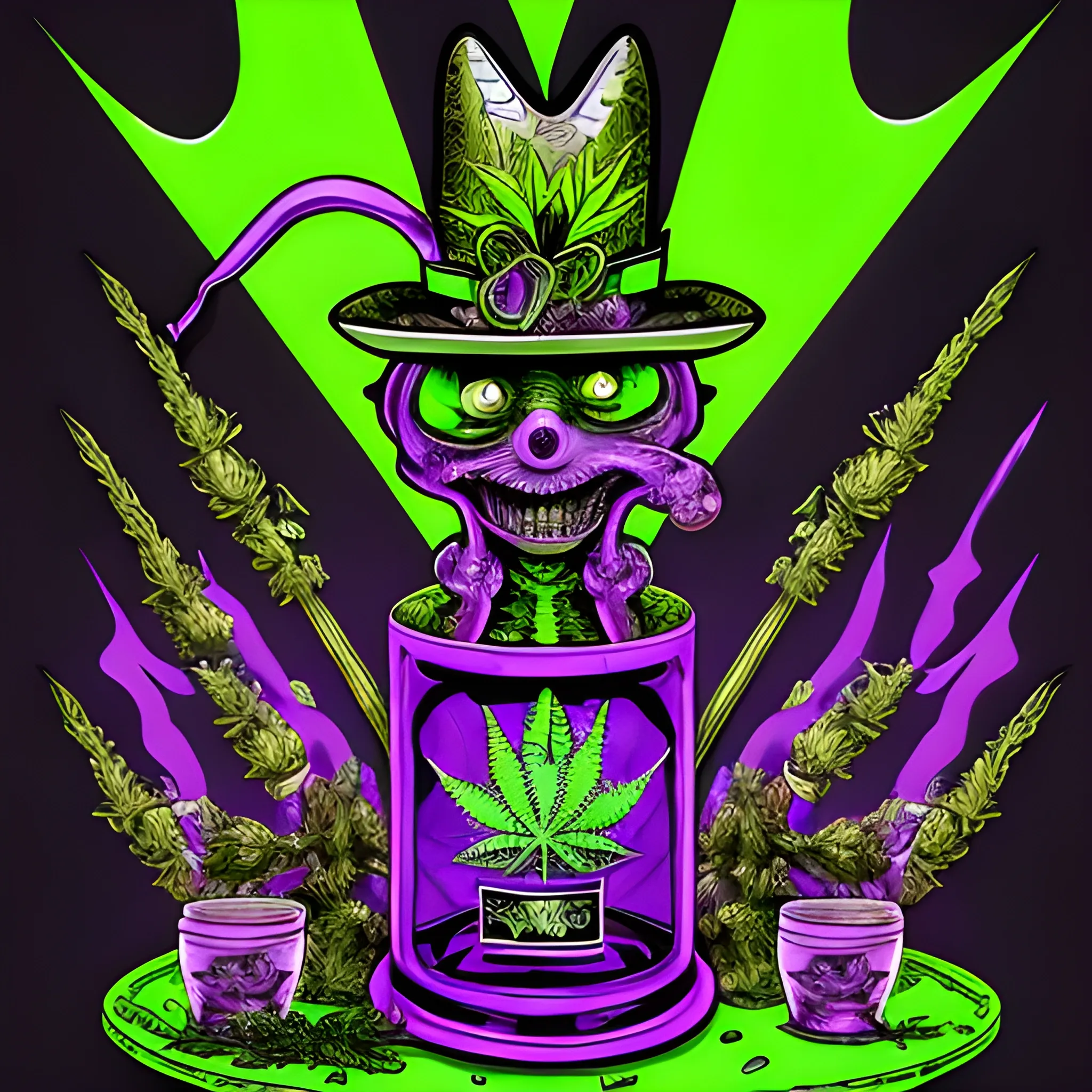 Glass and amethyst marijuana smoking Gangsta, big pot leaf, lowbrow, heavy metal, in the combined styles of Munk One and Alex Pardee, black background; magic, bong, weed, purple green smoke, neon spray paint, acrylic paint, fantastical surrealist world, gothic, eldritch, glitter, luminous color sparkles, dayglo orange, neon grape purple, chartreuse green