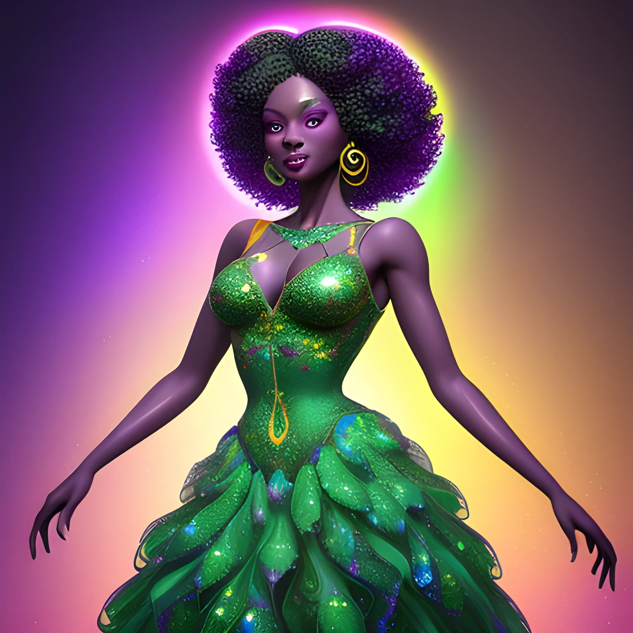 Charlotte Ayanna, perfect, anatomically correct perfect body, highly detailed beautiful face, green midriff dress, meticulously detailed multi-hued long dark curly hair, holding a purple ball in her hand; digital painting, smooth, sharp focus, colorful illustration, art by Lisa Frank, James R. Eads, artgerm and Maxfield Parrish; luminous color sparkles, glitter, neon, airbrush, Unreal Engine 5