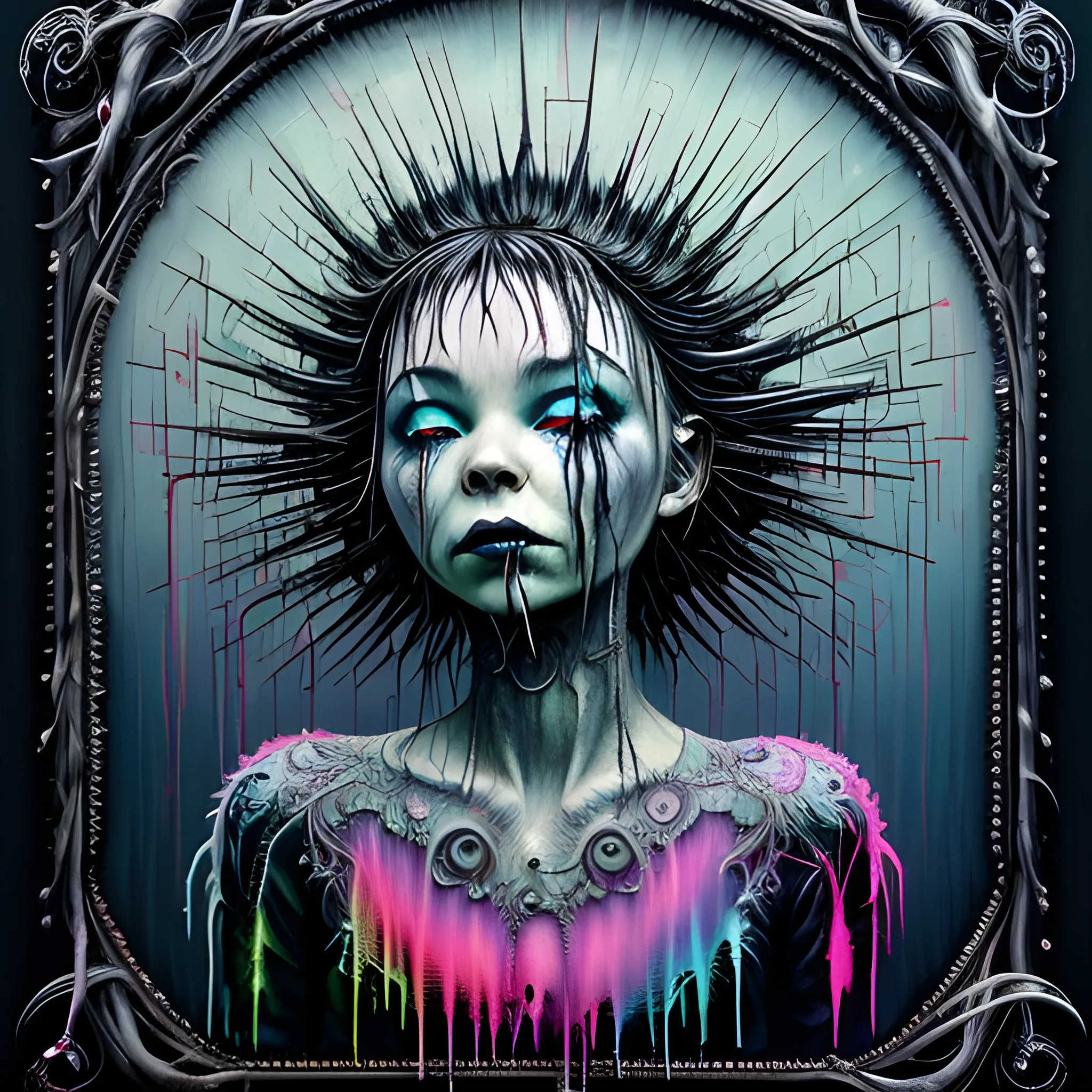  Masterpiece, scenic; Bjork; neon spray paint, acrylic paint, fantastical surrealist world, in the style of Stephen Gammell and Shawn Coss, extremely detailed, sick, gothic, eldritch