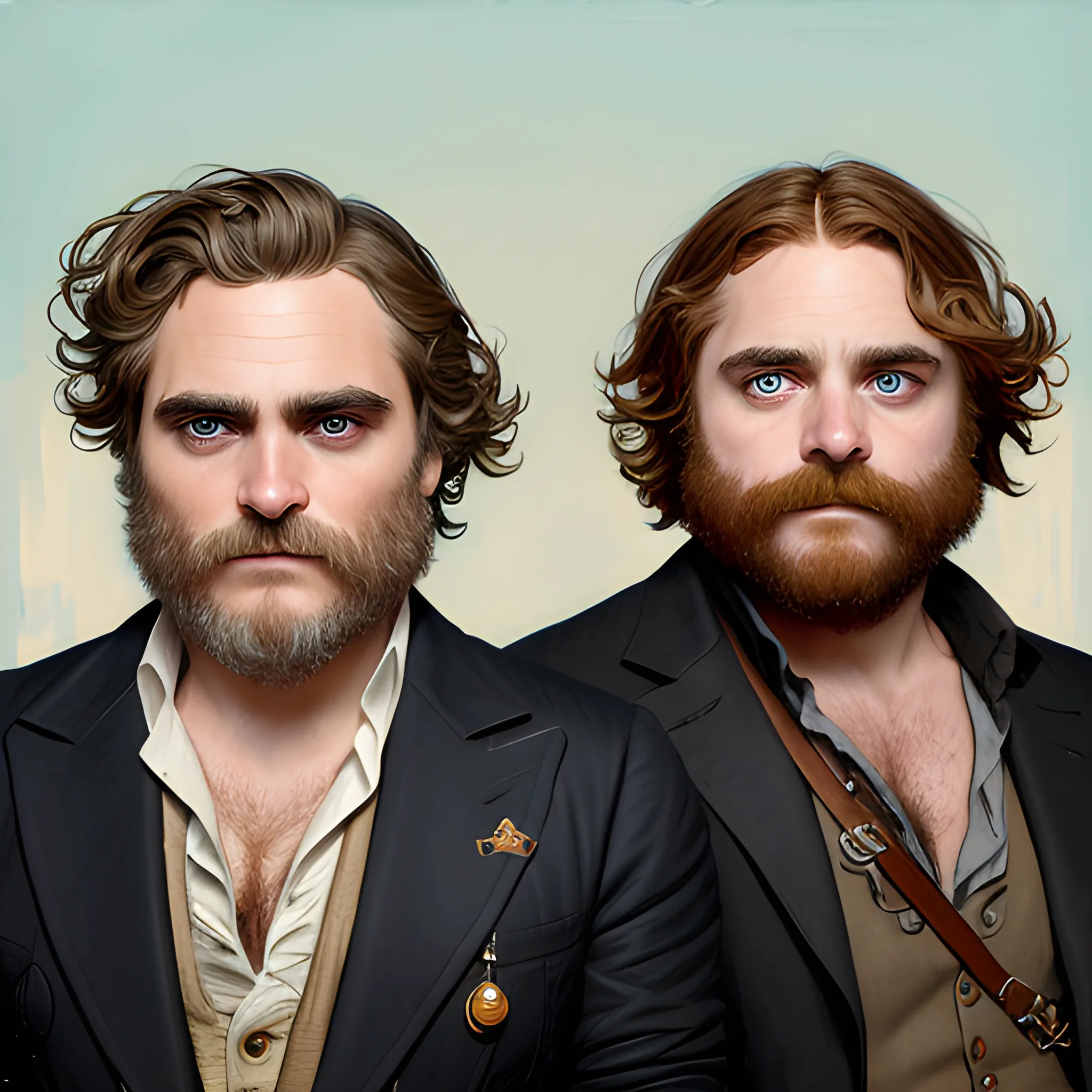 Joaquin Phoenix and Zach Galifianakis doing cosplay as pirates, highly detailed faces, modern American; by Lisa Frank, Daniel Gerhartz, Phil Noto art, Mucha, Manara; hyper-detailed, hyper-realistic, sharp focus; symmetrical face; textured shading, subtractive lighting, Unreal Engine