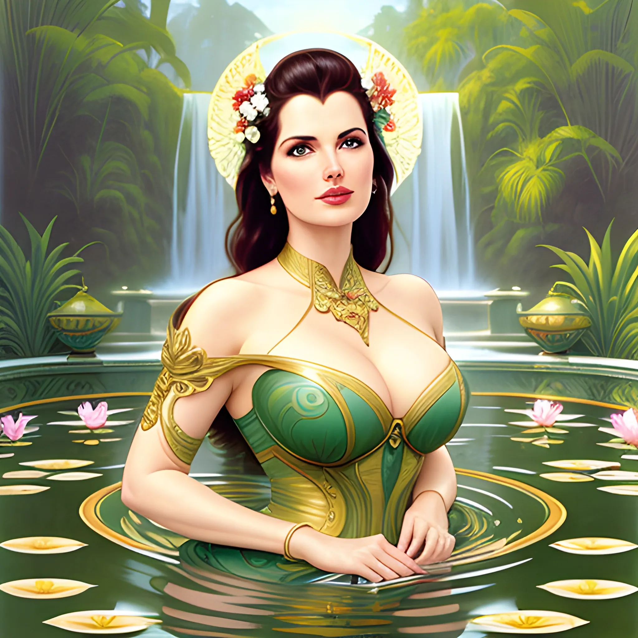 young Geena Davis at a lotus pond; highly detailed beautiful face; glitter, renaissance; high contrast, pastel, sorbet, pearlescent, Unreal Engine 5; by Dan Parent, Alphonse Mucha, Artgerm, WLOP, intricately detailed, fantasy, bizarre, beautiful, Chromolithography, Soft Shading, Unreal Engine; digital painting, smooth, sharp focus, illustration, art by lisa frank, Steve Goad, Frank Frazetta, William-Adolphe Bouguereau, Unreal Engine 5, Cartoon, 3D, Oil Painting, 3D