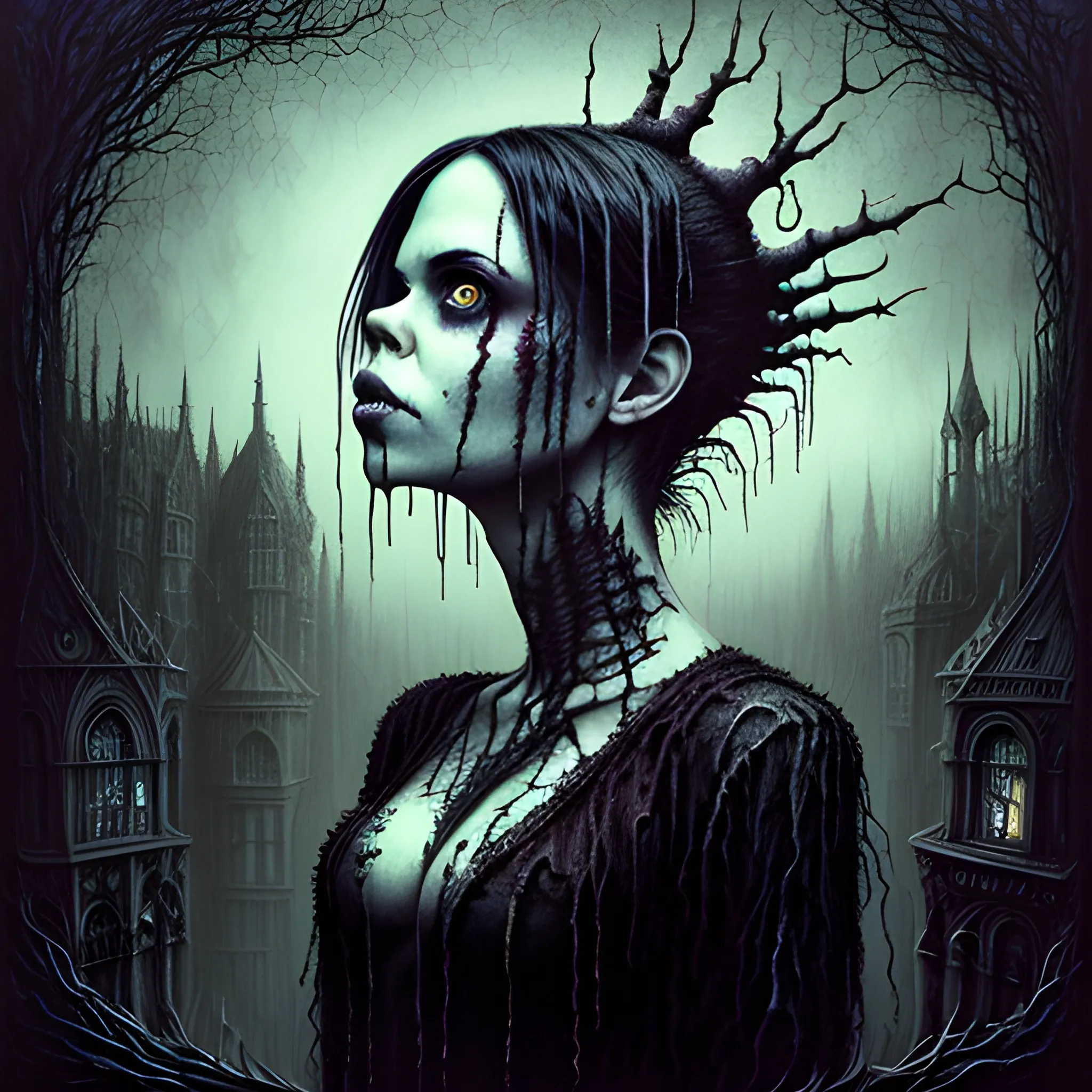  Masterpiece, scenic; Fairuza Balk; neon spray paint, acrylic paint, fantastical surrealist world, in the style of Stephen Gammell and Shawn Coss, extremely detailed, sick, gothic, eldritch