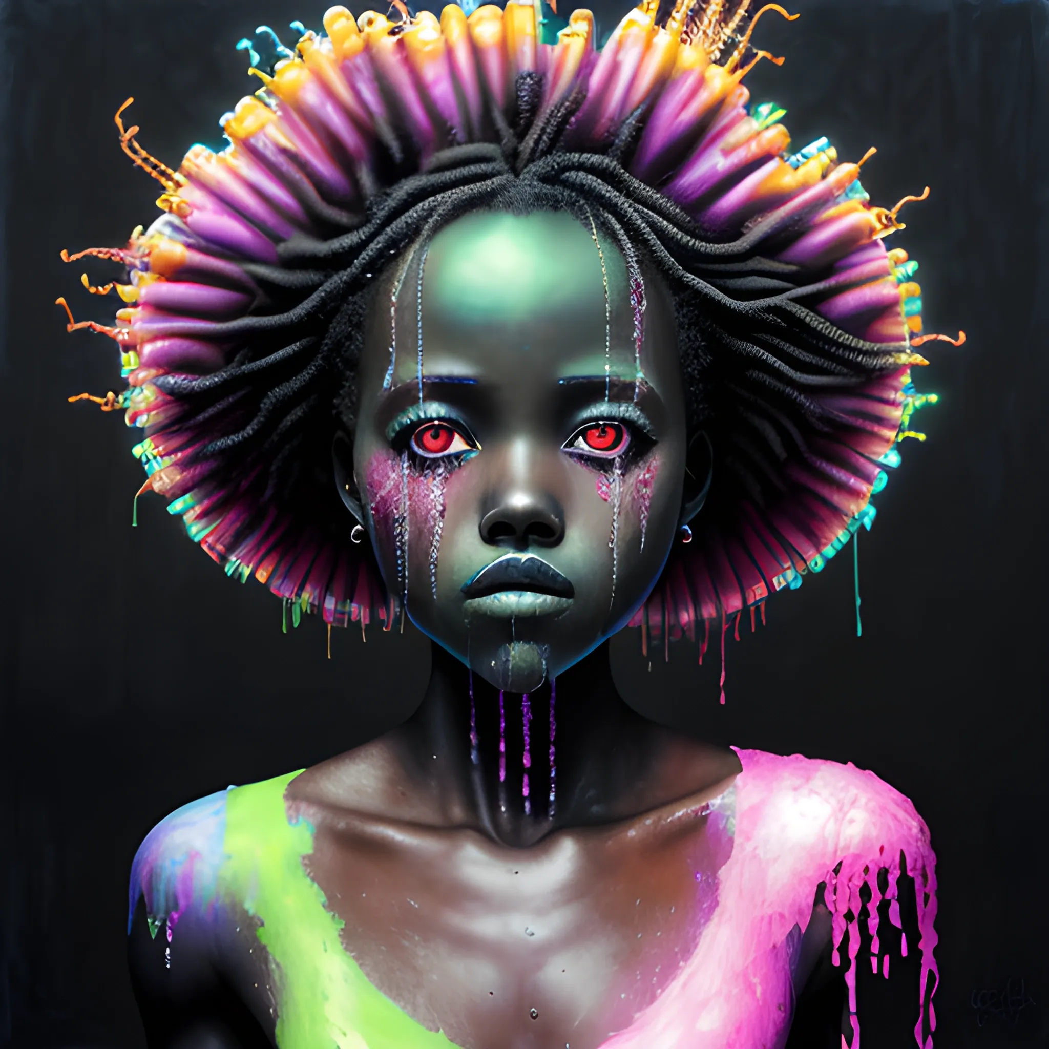  Masterpiece, scenic; Lupita Nyong'o; neon spray paint, acrylic paint, fantastical surrealist world, in the style of Stephen Gammell and Shawn Coss, extremely detailed, sick, gothic, eldritch