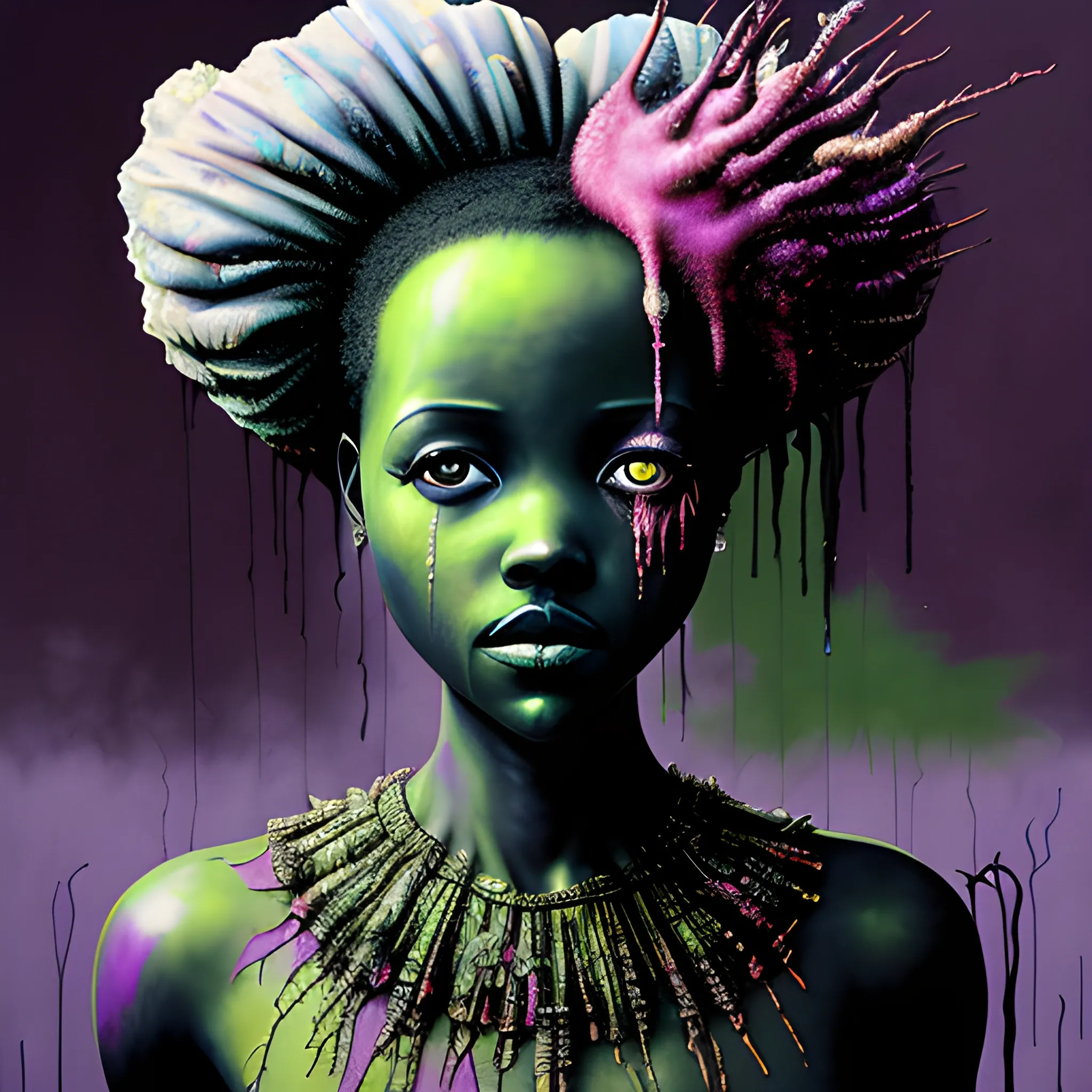  Masterpiece, scenic; Lupita Nyong'o; neon spray paint, acrylic paint, fantastical surrealist world, in the style of Stephen Gammell and Shawn Coss, extremely detailed, sick, gothic, eldritch