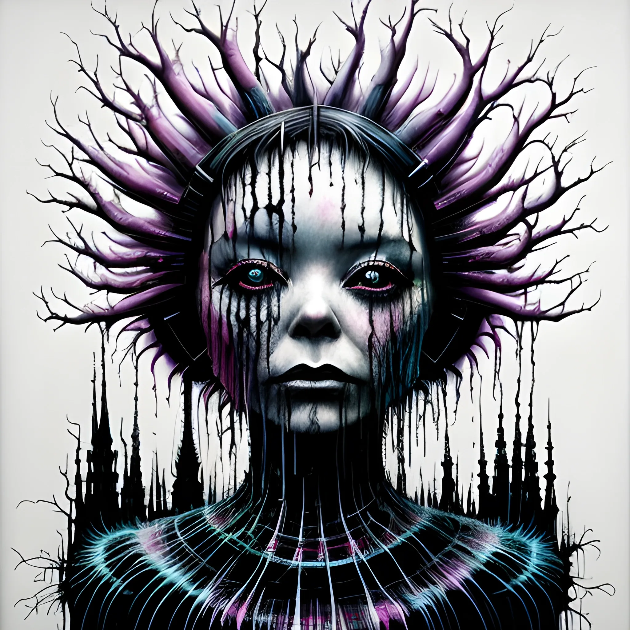  Masterpiece, scenic; Bjork; neon spray paint, acrylic paint, fantastical surrealist world, in the style of Stephen Gammell and Shawn Coss, extremely detailed, sick, gothic, eldritch