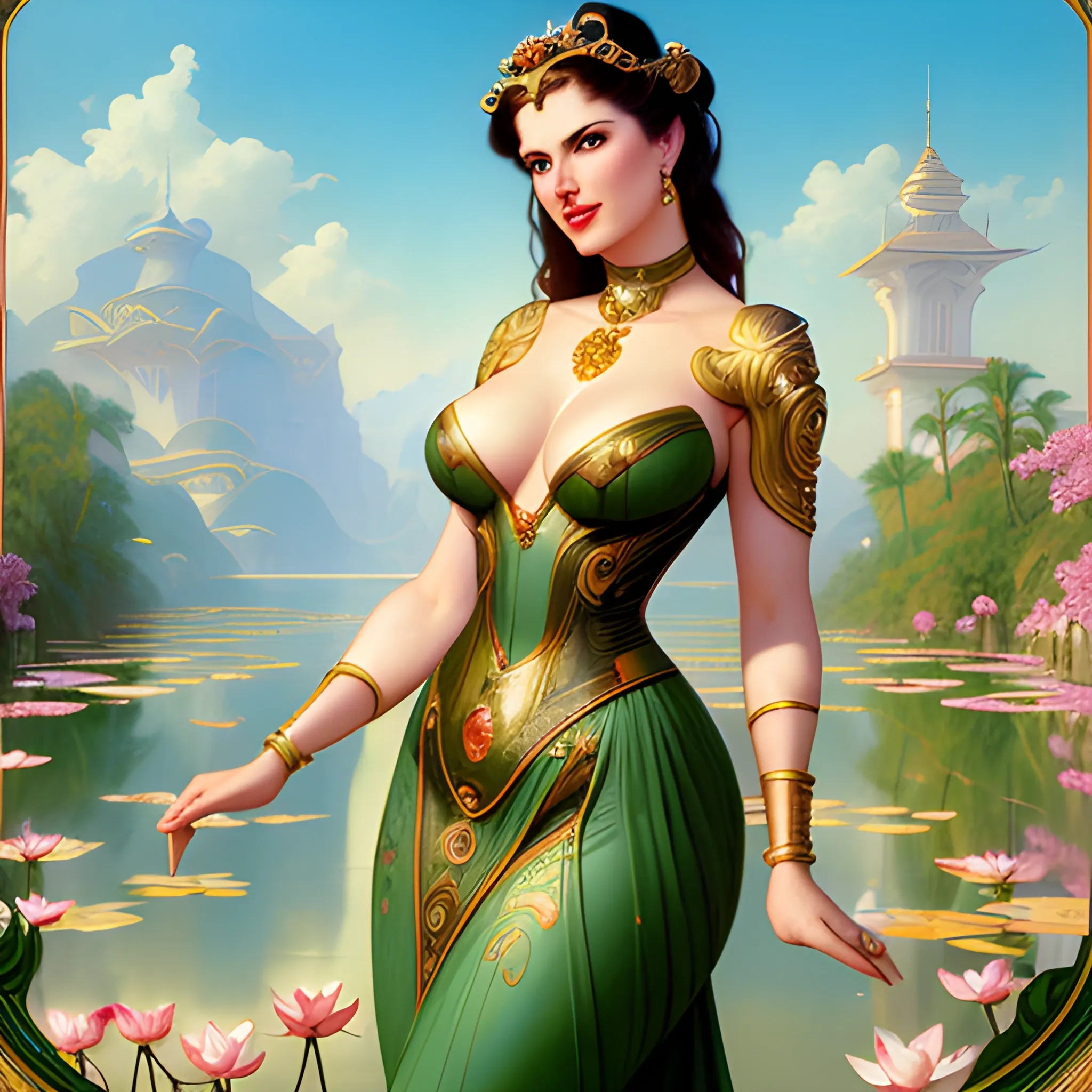 young Geena Davis at a lotus pond; highly detailed beautiful face; glitter, renaissance; high contrast, pastel, sorbet, pearlescent, Unreal Engine 5; by Dan Parent, Alphonse Mucha, Artgerm, WLOP, intricately detailed, fantasy, bizarre, beautiful, Chromolithography, Soft Shading, Unreal Engine; digital painting, smooth, sharp focus, illustration, art by lisa frank, Steve Goad, Frank Frazetta, William-Adolphe Bouguereau, Unreal Engine 5, Cartoon, 3D, Oil Painting, 3D