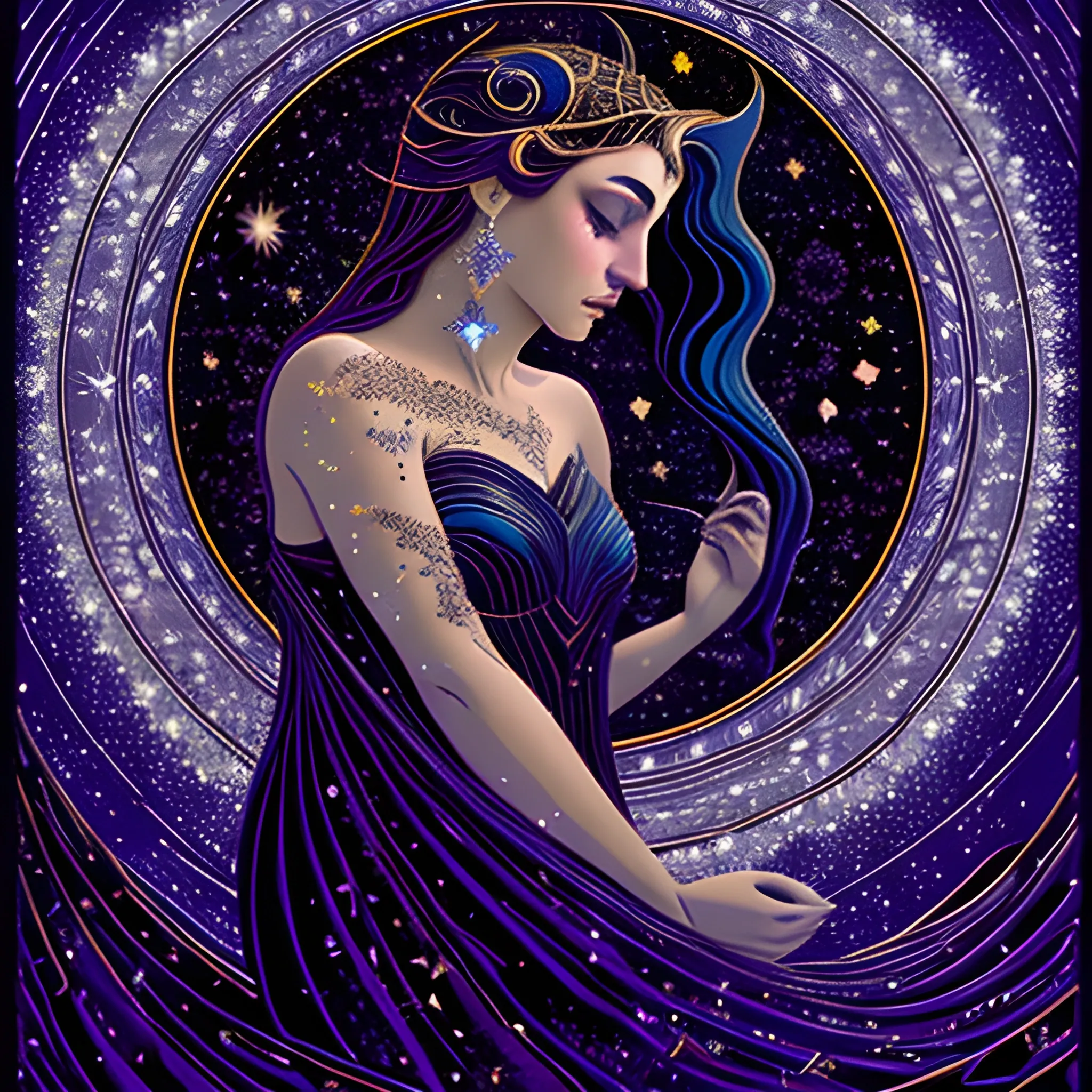 Nyx Goddess of the Night with a crescent moon and many stars in the style of Maxfield Parrish, starry night, James R. Eads