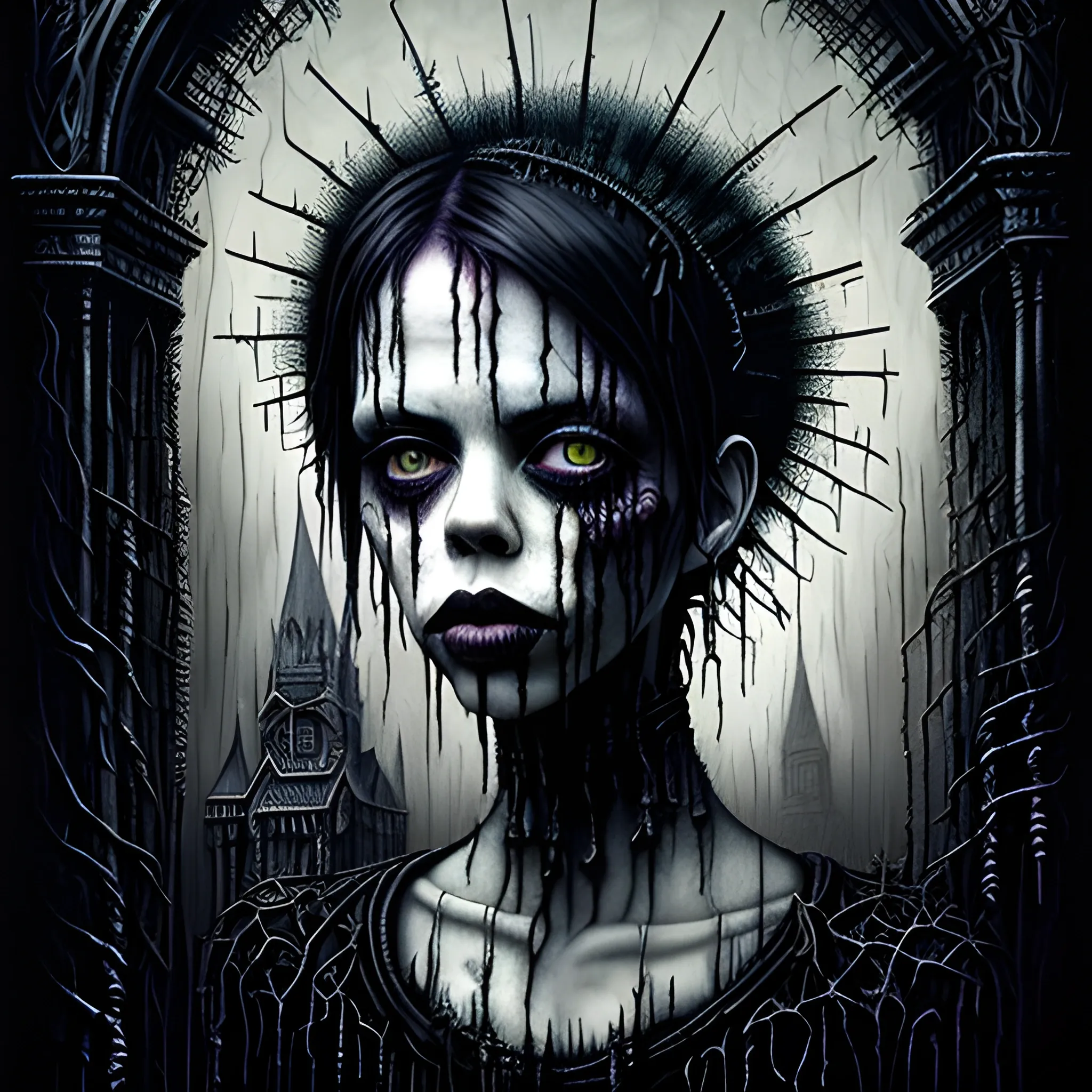  Masterpiece, scenic; Fairuza Balk; neon spray paint, acrylic paint, fantastical surrealist world, in the style of Stephen Gammell and Shawn Coss, extremely detailed, sick, gothic, eldritch