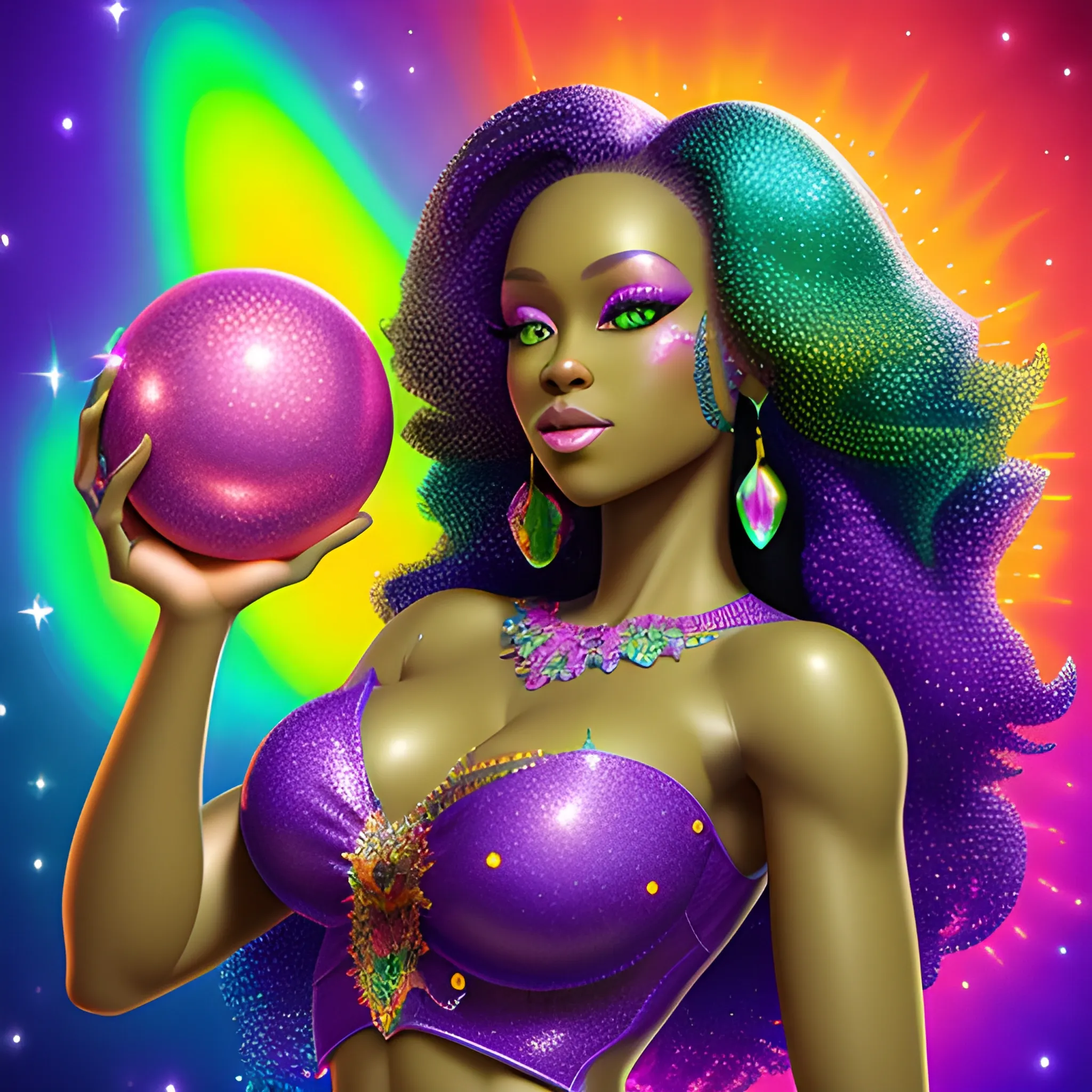 Charlotte Ayanna, perfect, anatomically correct perfect body, highly detailed beautiful face, green midriff dress, meticulously detailed multi-hued long dark curly hair, holding a purple ball in her hand; digital painting, smooth, sharp focus, colorful illustration, art by Lisa Frank, James R. Eads, artgerm and Maxfield Parrish; luminous color sparkles, glitter, neon, airbrush, Unreal Engine 5