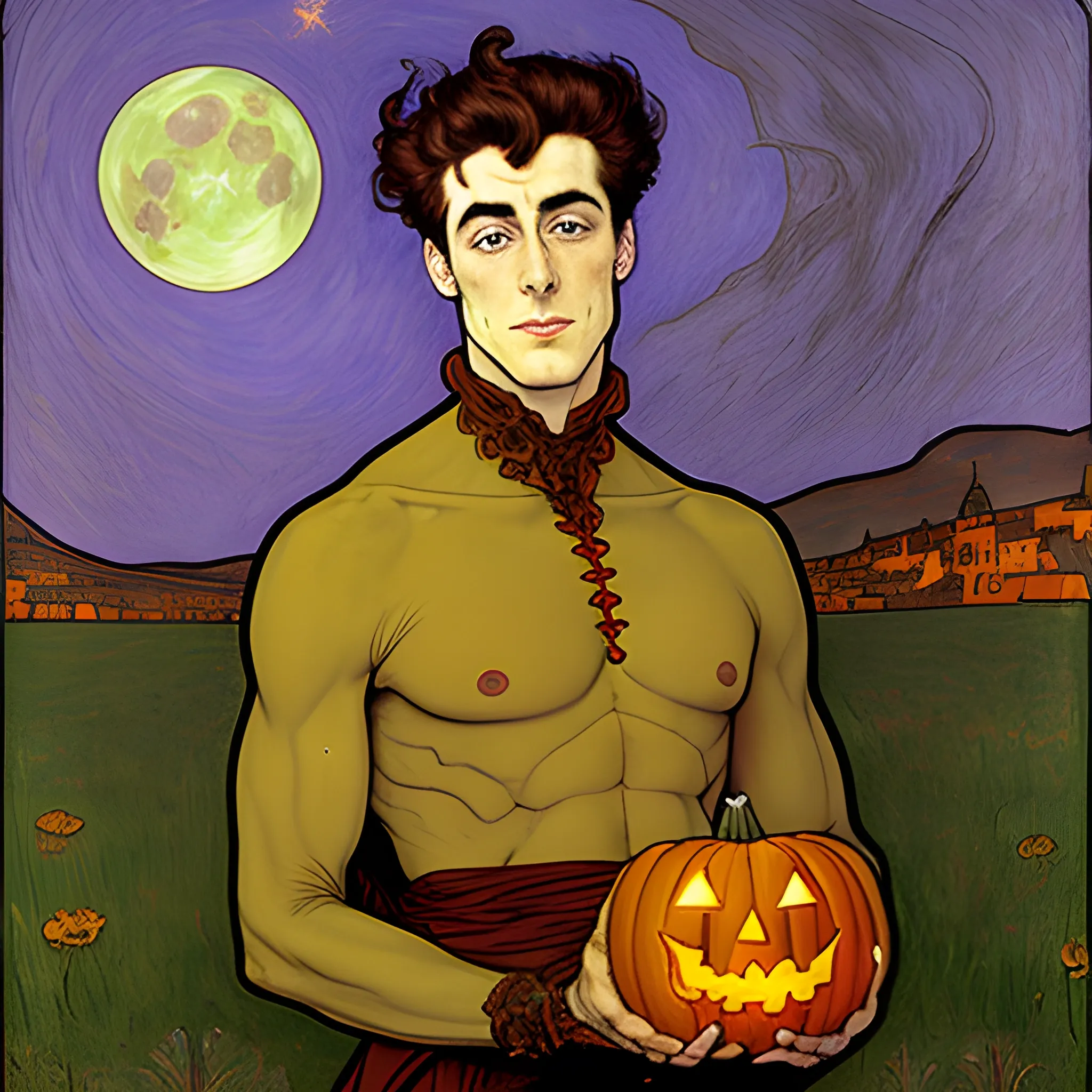 Painting of a handsome young delicate beautiful softly freckled man in his 20s with green eyes and long, curly red hair, at the giant jack o'lantern halloween party; pumpkins, perfect purple pumpkins, green skulls, orange bats, magic, candles, neon spray paint, acrylic paint, fantastical, elegant, stylized art, under a painted nebula sky, full moon; bats, pumpkins, spooky ambiance, Halloween Night art by alphonse mucha, vincent van gogh, egon schiele