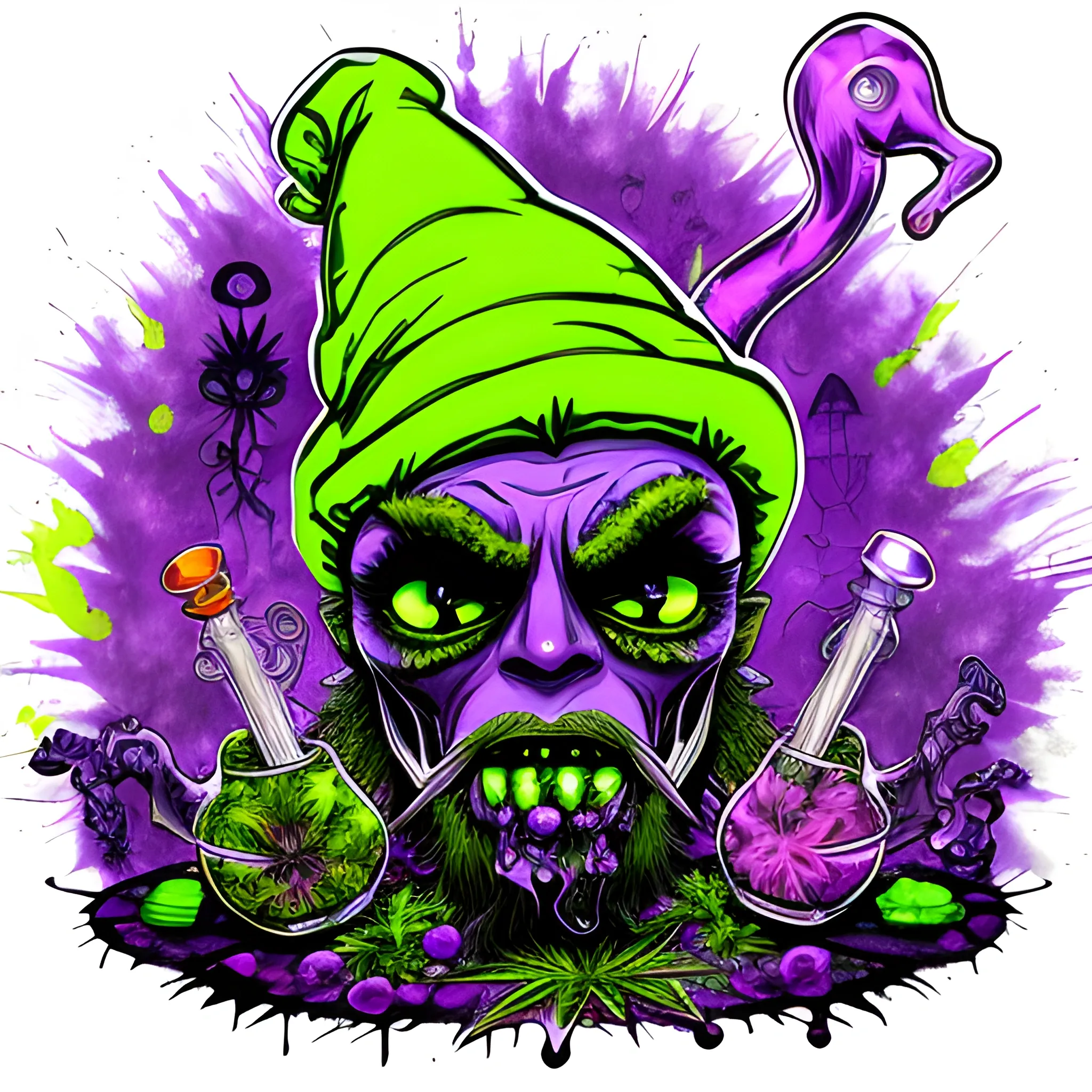 Glass and amethyst marijuana smoking Gangsta, big pot leaf, lowbrow, heavy metal, in the combined styles of Munk One and Alex Pardee, black background; magic, bong, weed, purple green smoke, neon spray paint, acrylic paint, fantastical surrealist world, gothic, eldritch, glitter, luminous color sparkles, dayglo orange, neon grape purple, chartreuse green