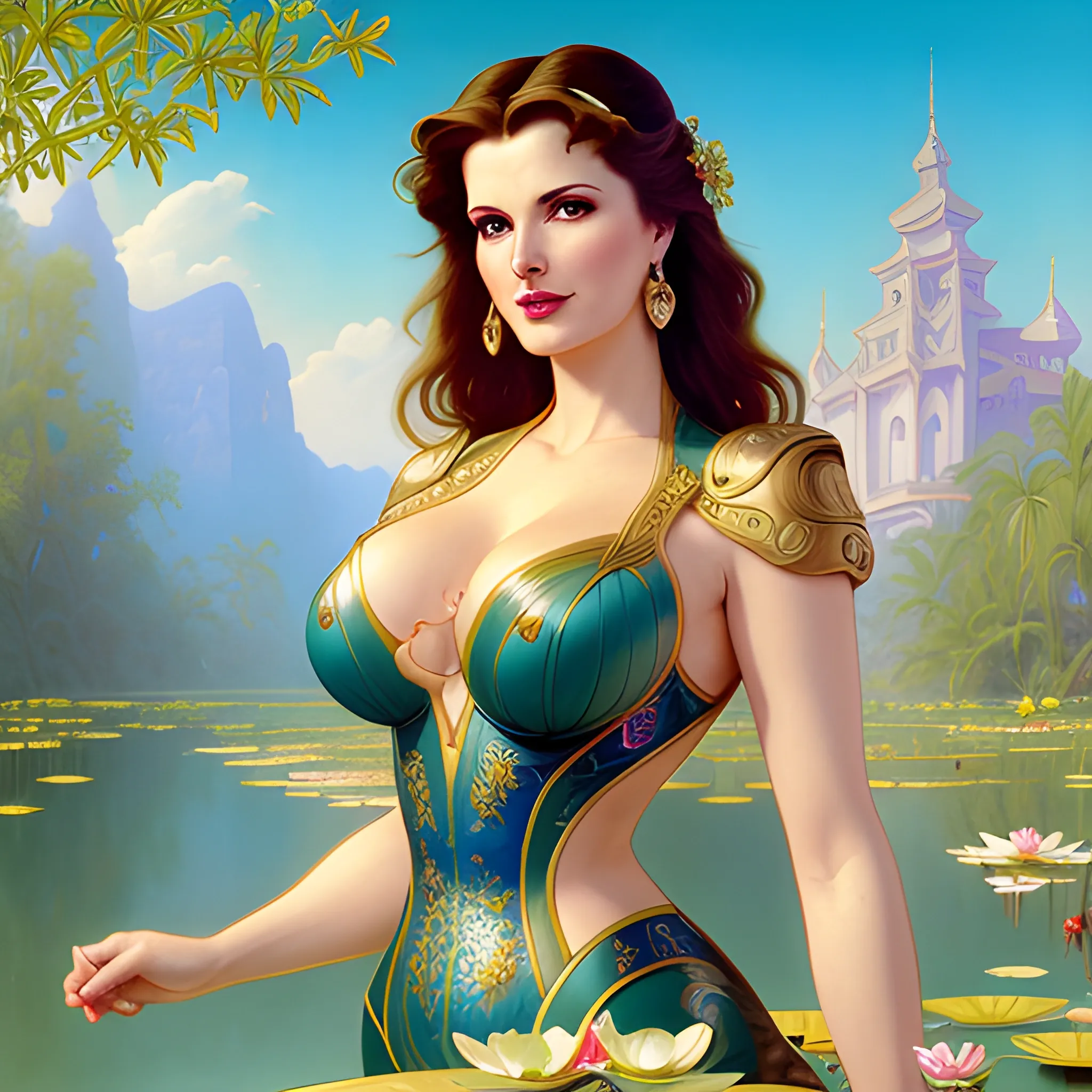 young Geena Davis at a lotus pond; highly detailed beautiful face; glitter, renaissance; high contrast, pastel, sorbet, pearlescent, Unreal Engine 5; by Dan Parent, Alphonse Mucha, Artgerm, WLOP, intricately detailed, fantasy, bizarre, beautiful, Chromolithography, Soft Shading, Unreal Engine; digital painting, smooth, sharp focus, illustration, art by lisa frank, Steve Goad, Frank Frazetta, William-Adolphe Bouguereau, Unreal Engine 5, Cartoon, 3D, Oil Painting, 3D