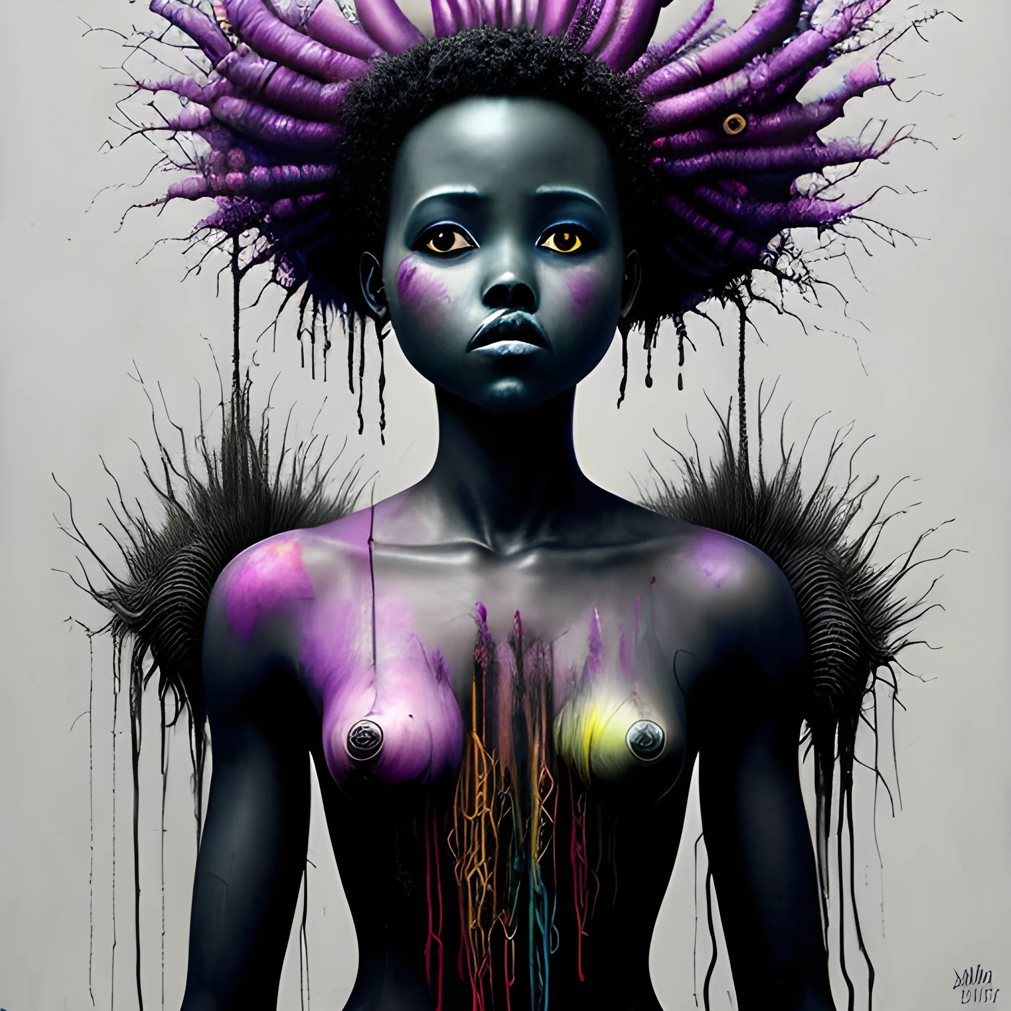  Masterpiece, scenic; Lupita Nyong'o; neon spray paint, acrylic paint, fantastical surrealist world, in the style of Stephen Gammell and Shawn Coss, extremely detailed, sick, gothic, eldritch