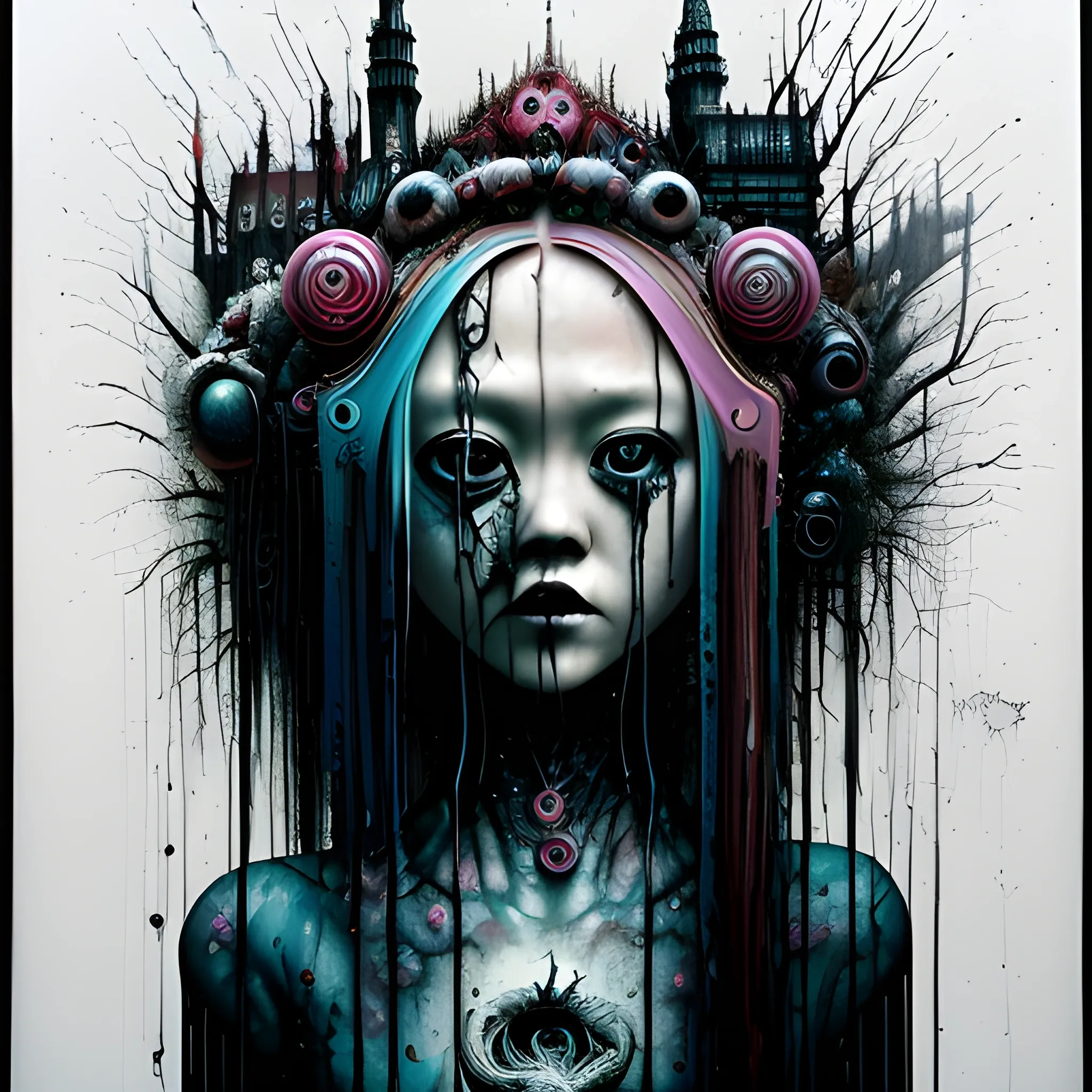  Masterpiece, scenic; Devon Aoki; neon spray paint, acrylic paint, fantastical surrealist world, in the style of Stephen Gammell and Shawn Coss, extremely detailed, sick, gothic, eldritch