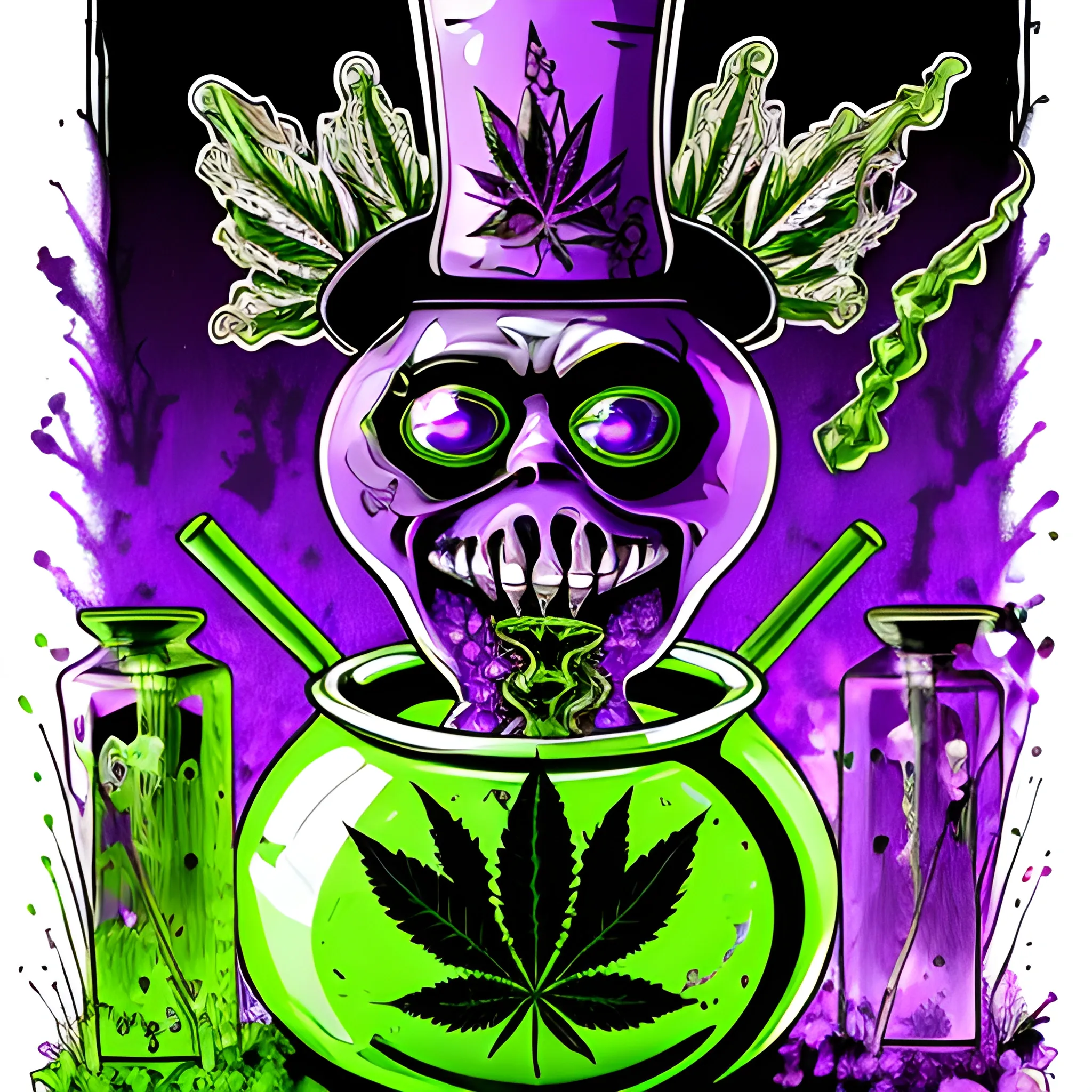 Glass and amethyst marijuana smoking Gangsta, big pot leaf, lowbrow, heavy metal, in the combined styles of Munk One and Alex Pardee, black background; magic, bong, weed, purple green smoke, neon spray paint, acrylic paint, fantastical surrealist world, gothic, eldritch, glitter, luminous color sparkles, dayglo orange, neon grape purple, chartreuse green