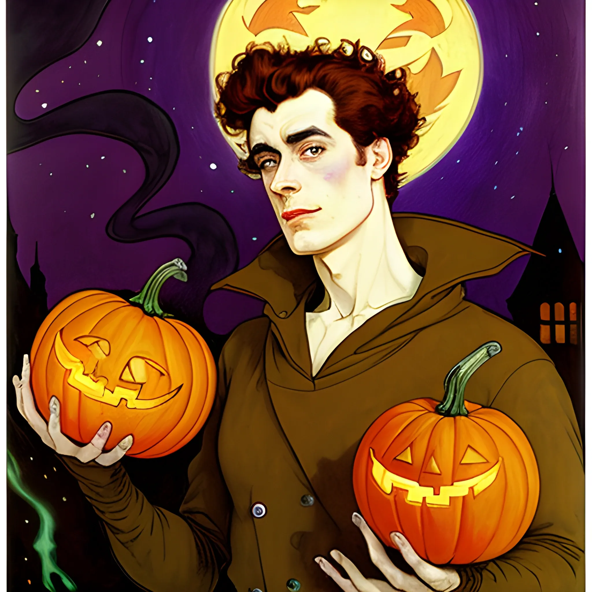 Painting of a handsome young delicate beautiful softly freckled man in his 20s with green eyes and long, curly red hair, at the giant jack o'lantern halloween party; pumpkins, perfect purple pumpkins, green skulls, orange bats, magic, candles, neon spray paint, acrylic paint, fantastical, elegant, stylized art, under a painted nebula sky, full moon; bats, pumpkins, spooky ambiance, Halloween Night art by alphonse mucha, vincent van gogh, egon schiele