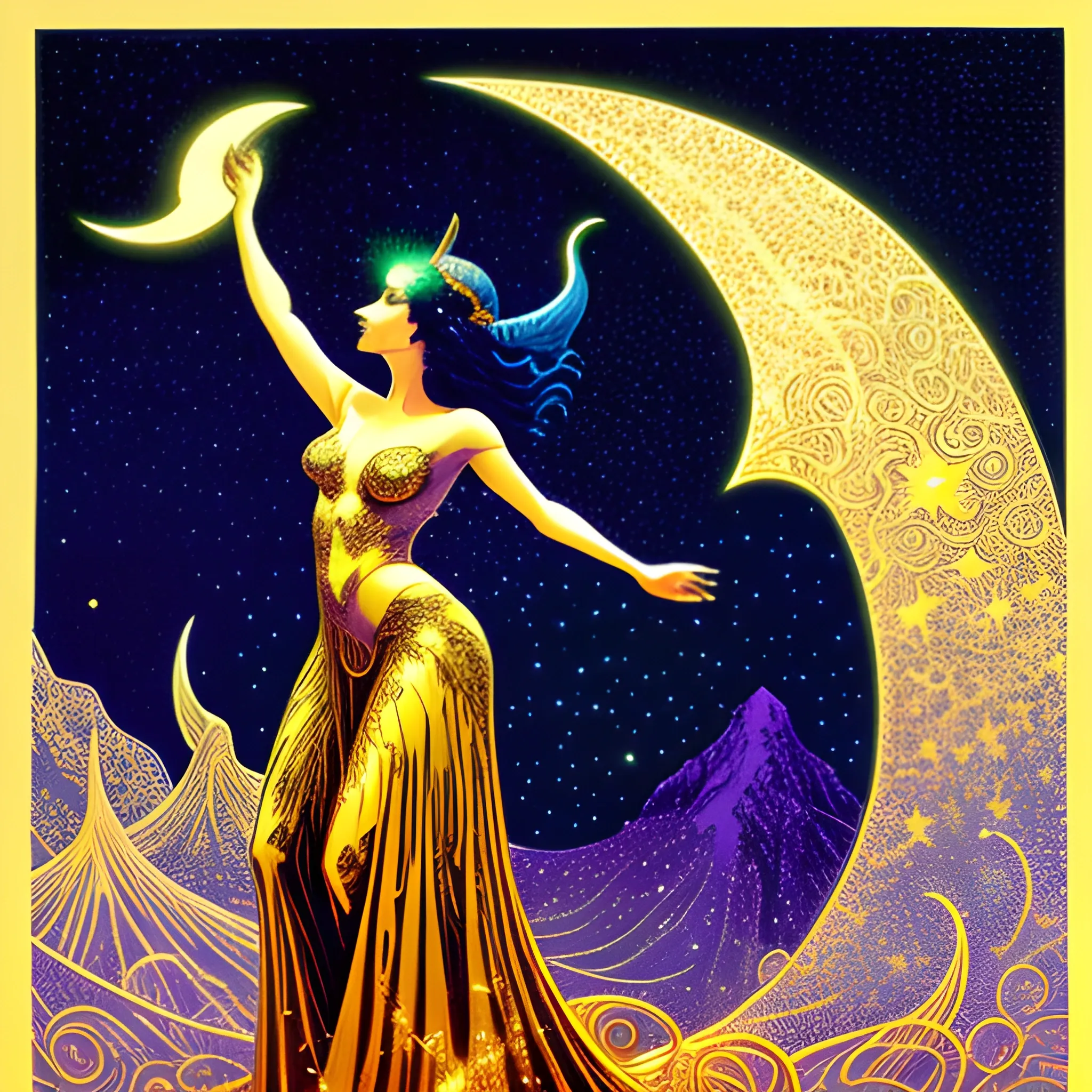 Nyx Goddess of the Night with a crescent moon and many stars in the style of Maxfield Parrish, starry night, James R. Eads