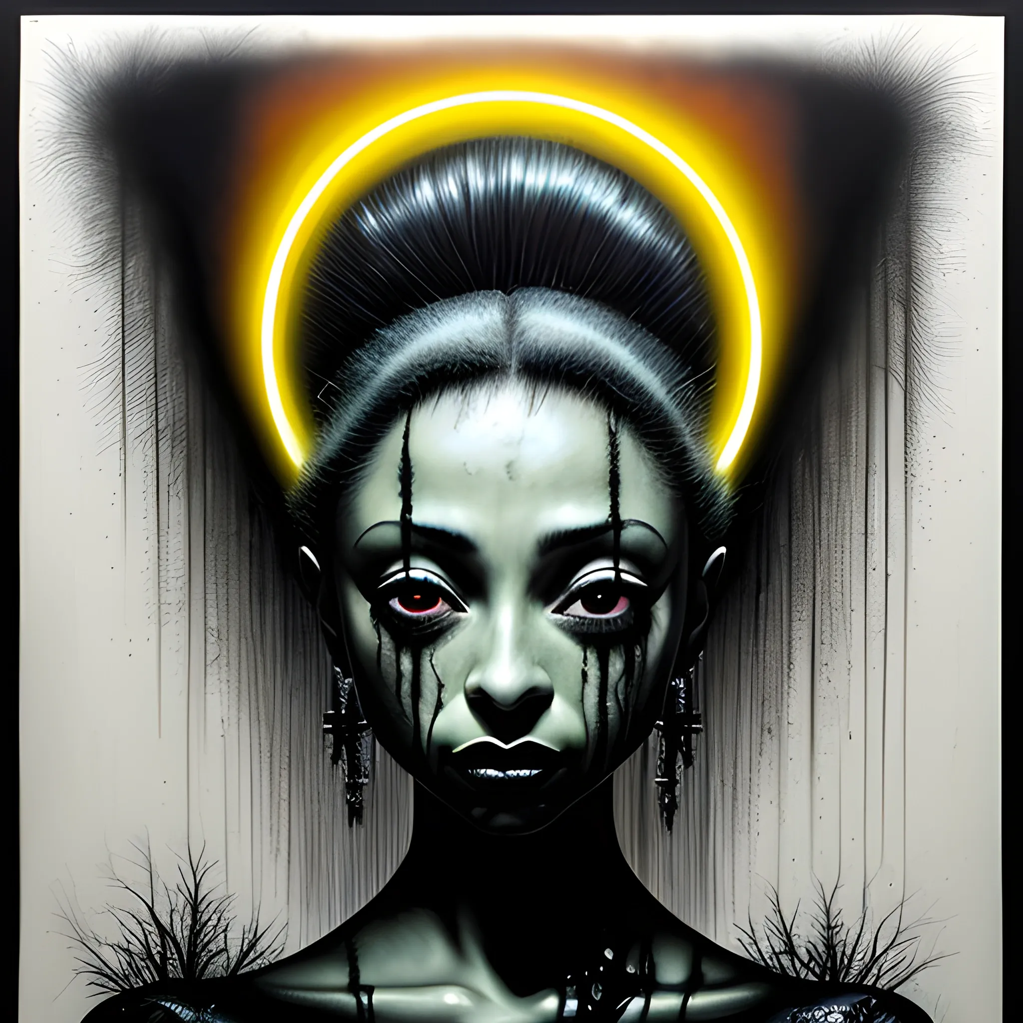  Masterpiece, scenic; Sade Adu; neon spray paint, acrylic paint, fantastical surrealist world, in the style of Stephen Gammell and Shawn Coss, extremely detailed, sick, gothic, eldritch