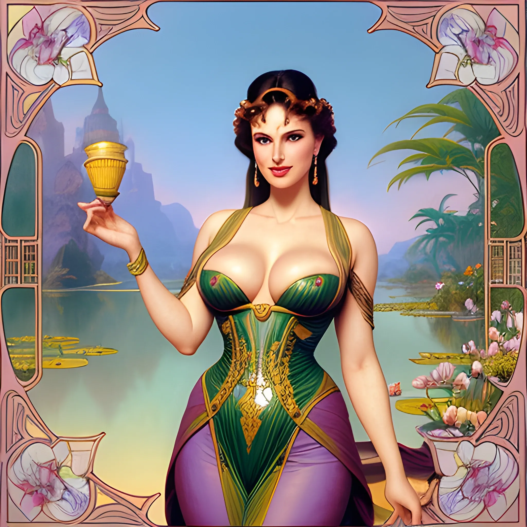 young Geena Davis at a lotus pond; highly detailed beautiful face; glitter, renaissance; high contrast, pastel, sorbet, pearlescent, Unreal Engine 5; by Dan Parent, Alphonse Mucha, Artgerm, WLOP, intricately detailed, fantasy, bizarre, beautiful, Chromolithography, Soft Shading, Unreal Engine; digital painting, smooth, sharp focus, illustration, art by lisa frank, Steve Goad, Frank Frazetta, William-Adolphe Bouguereau, Unreal Engine 5, Cartoon, 3D, Oil Painting, 3D