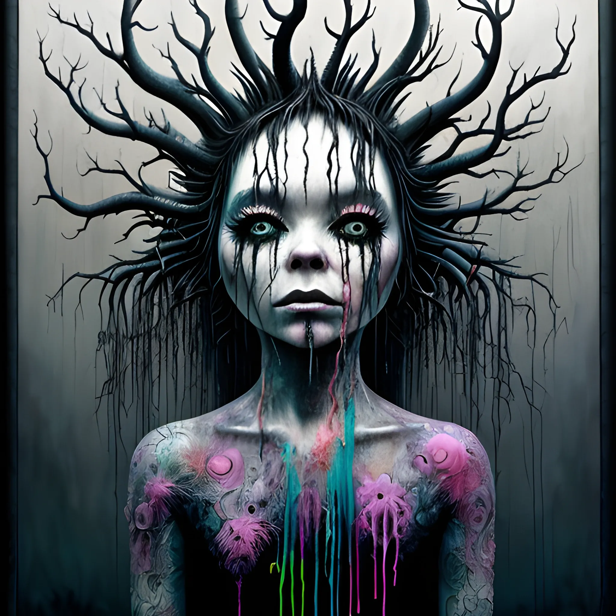  Masterpiece, scenic; Bjork; neon spray paint, acrylic paint, fantastical surrealist world, in the style of Stephen Gammell and Shawn Coss, extremely detailed, sick, gothic, eldritch