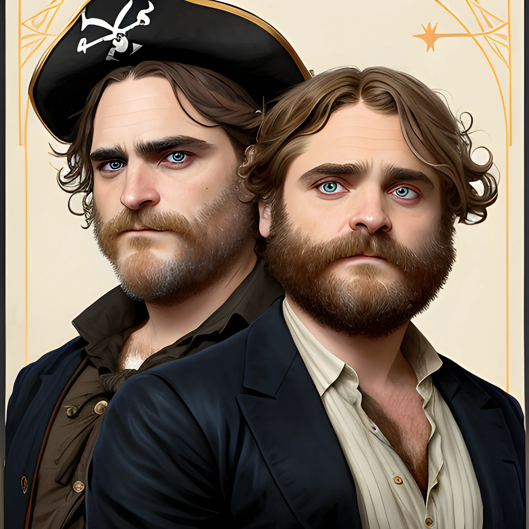 Joaquin Phoenix and Zach Galifianakis doing cosplay as pirates, highly detailed faces, modern American; by Lisa Frank, Daniel Gerhartz, Phil Noto art, Mucha, Manara; hyper-detailed, hyper-realistic, sharp focus; symmetrical face; textured shading, subtractive lighting, Unreal Engine