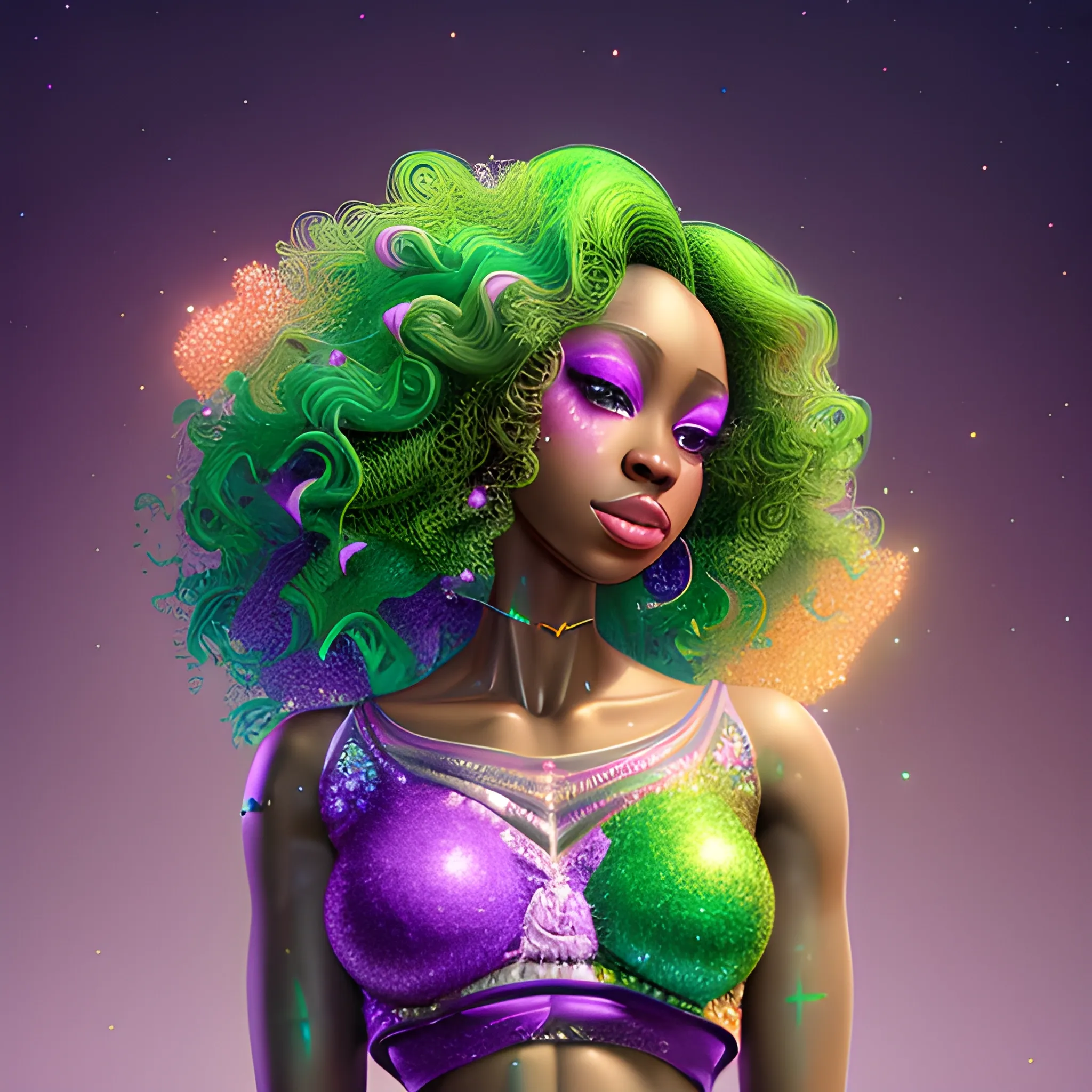 Charlotte Ayanna, perfect, anatomically correct perfect body, highly detailed beautiful face, green midriff dress, meticulously detailed multi-hued long dark curly hair, holding a purple ball in her hand; digital painting, smooth, sharp focus, colorful illustration, art by Lisa Frank, James R. Eads, artgerm and Maxfield Parrish; luminous color sparkles, glitter, neon, airbrush, Unreal Engine 5