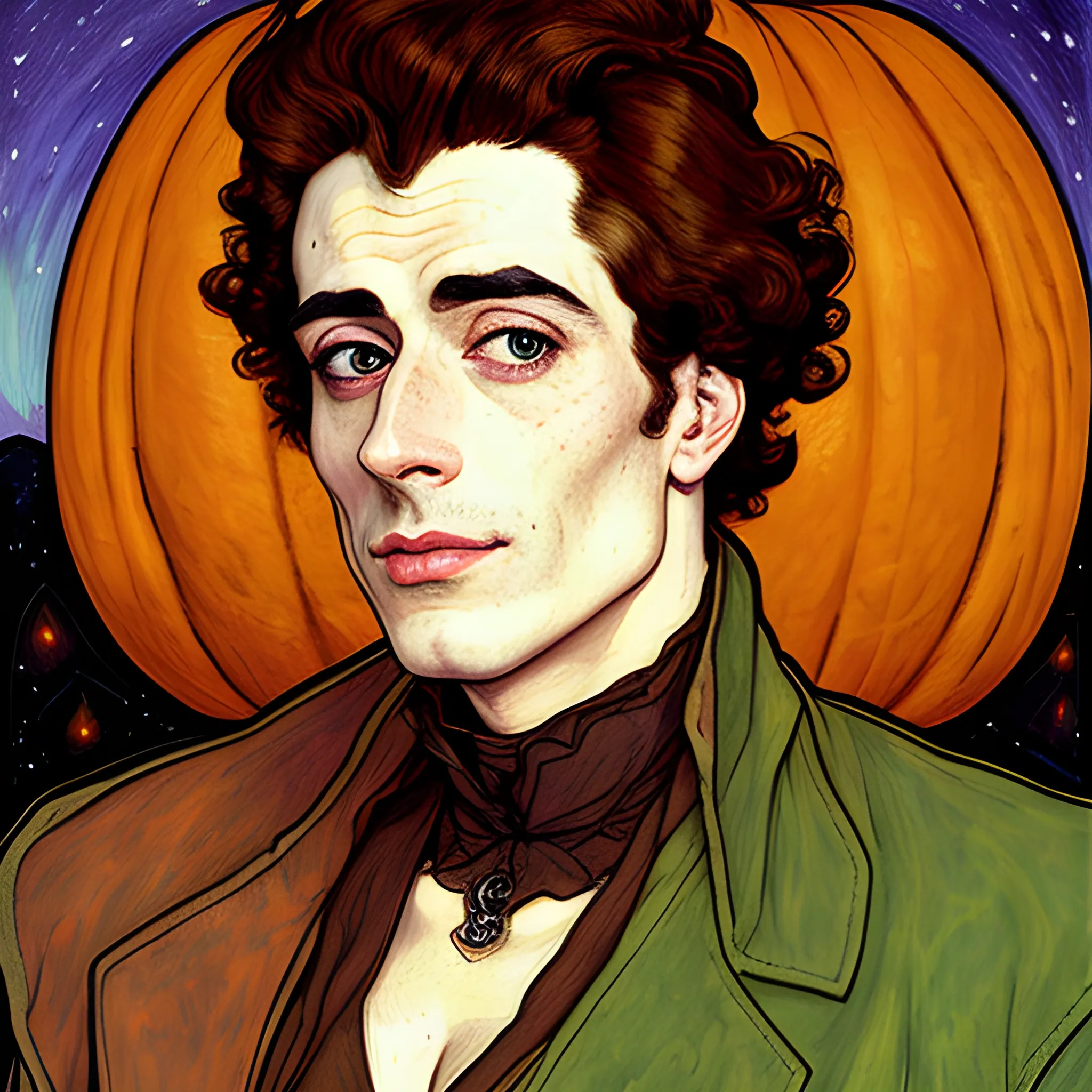 Painting of a handsome young delicate beautiful softly freckled man in his 20s with green eyes and long, curly red hair, at the giant jack o'lantern halloween party; pumpkins, perfect purple pumpkins, green skulls, orange bats, magic, candles, neon spray paint, acrylic paint, fantastical, elegant, stylized art, under a painted nebula sky, full moon; bats, pumpkins, spooky ambiance, Halloween Night art by alphonse mucha, vincent van gogh, egon schiele