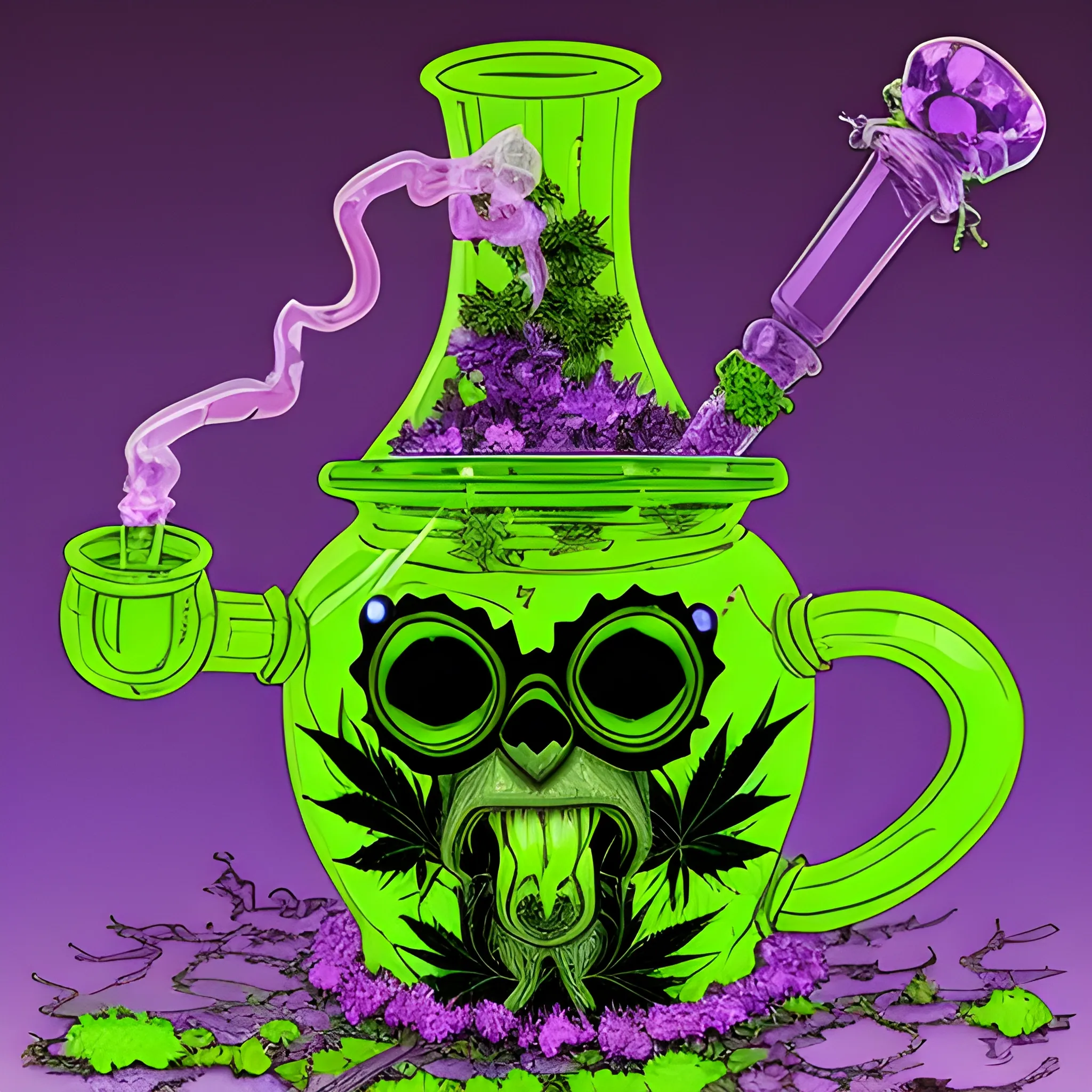 Glass and amethyst marijuana smoking Gangsta, big pot leaf, lowbrow, heavy metal, in the combined styles of Munk One and Alex Pardee, black background; magic, bong, weed, purple green smoke, neon spray paint, acrylic paint, fantastical surrealist world, gothic, eldritch, glitter, luminous color sparkles, dayglo orange, neon grape purple, chartreuse green