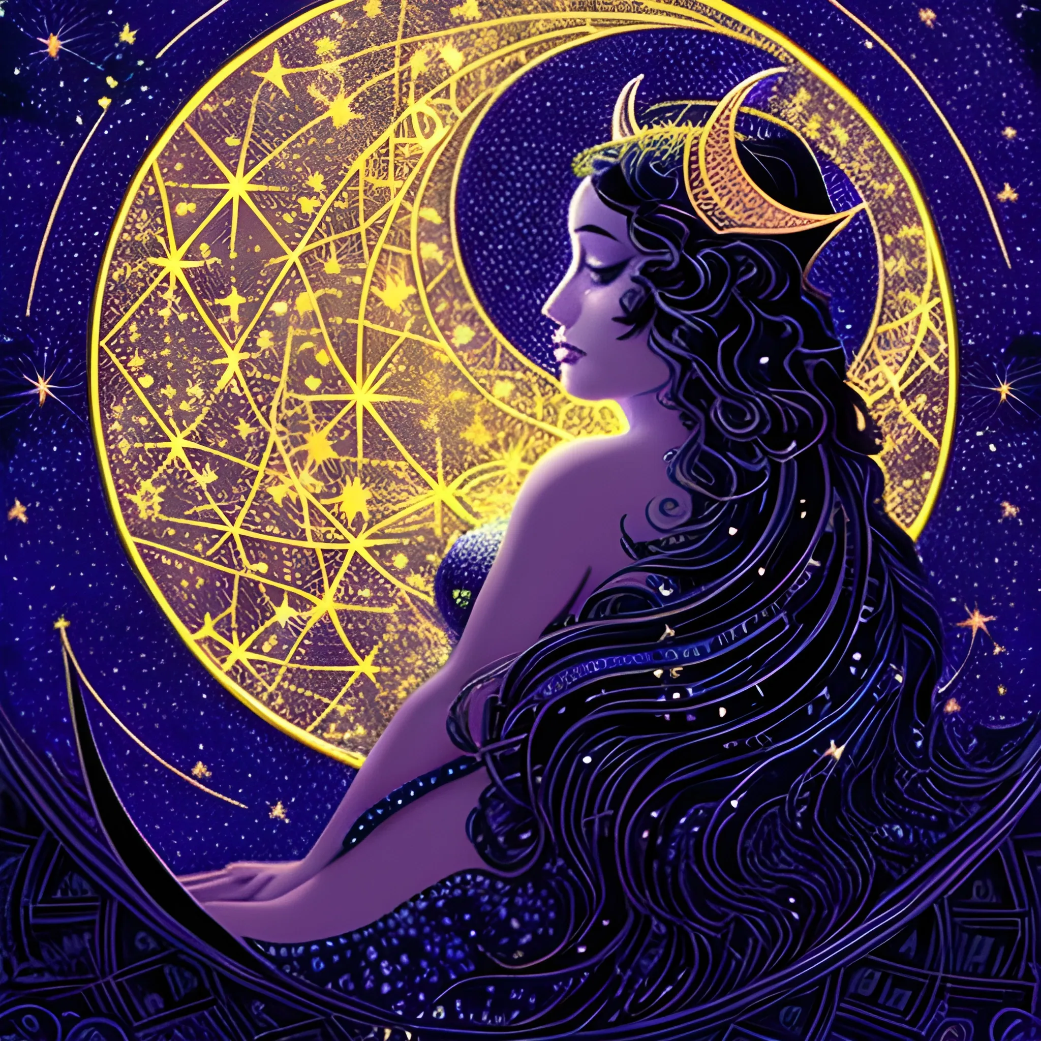 Nyx Goddess of the Night with a crescent moon and many stars in the style of Maxfield Parrish, starry night, James R. Eads