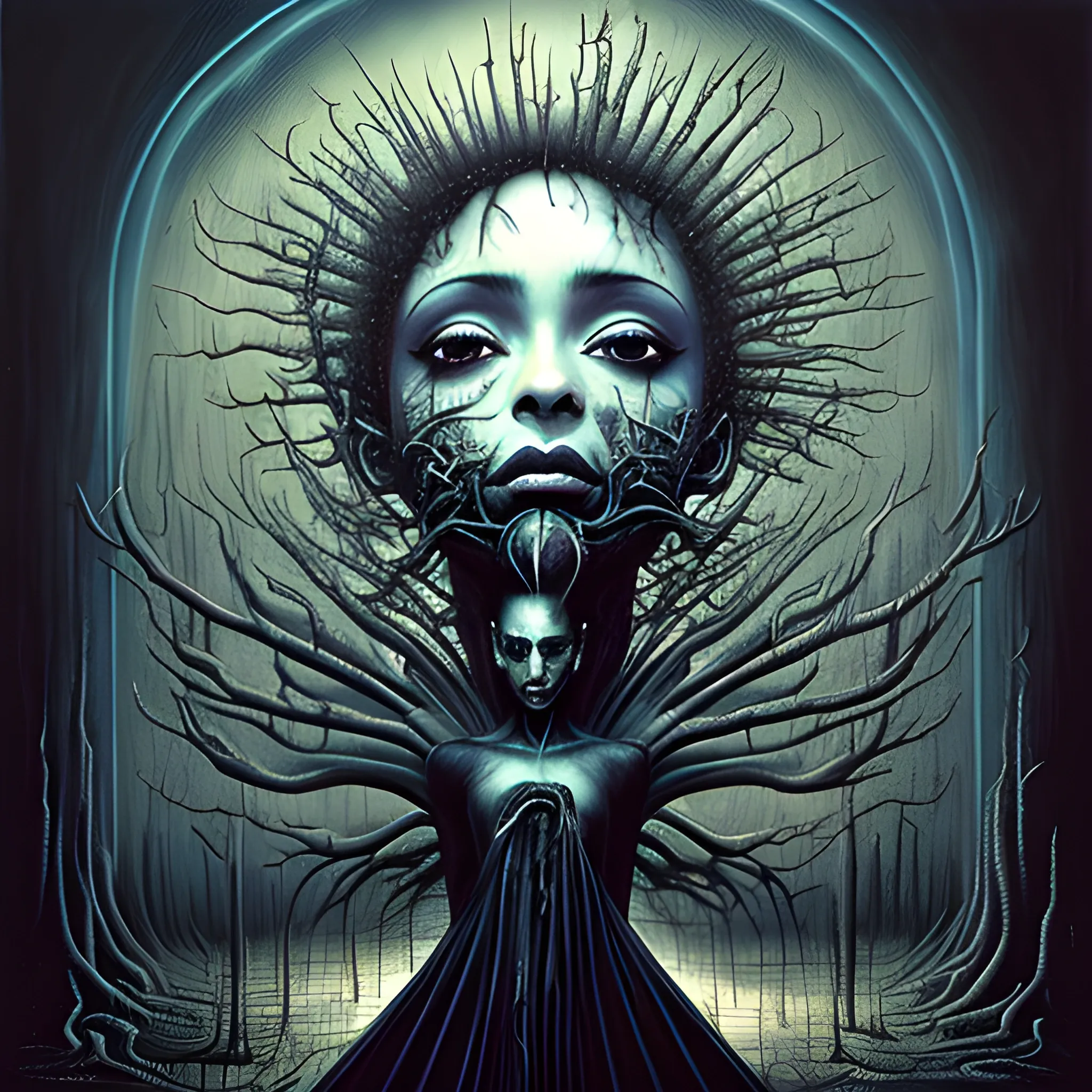  Masterpiece, scenic; Sade Adu; neon spray paint, acrylic paint, fantastical surrealist world, in the style of Stephen Gammell and Shawn Coss, extremely detailed, sick, gothic, eldritch