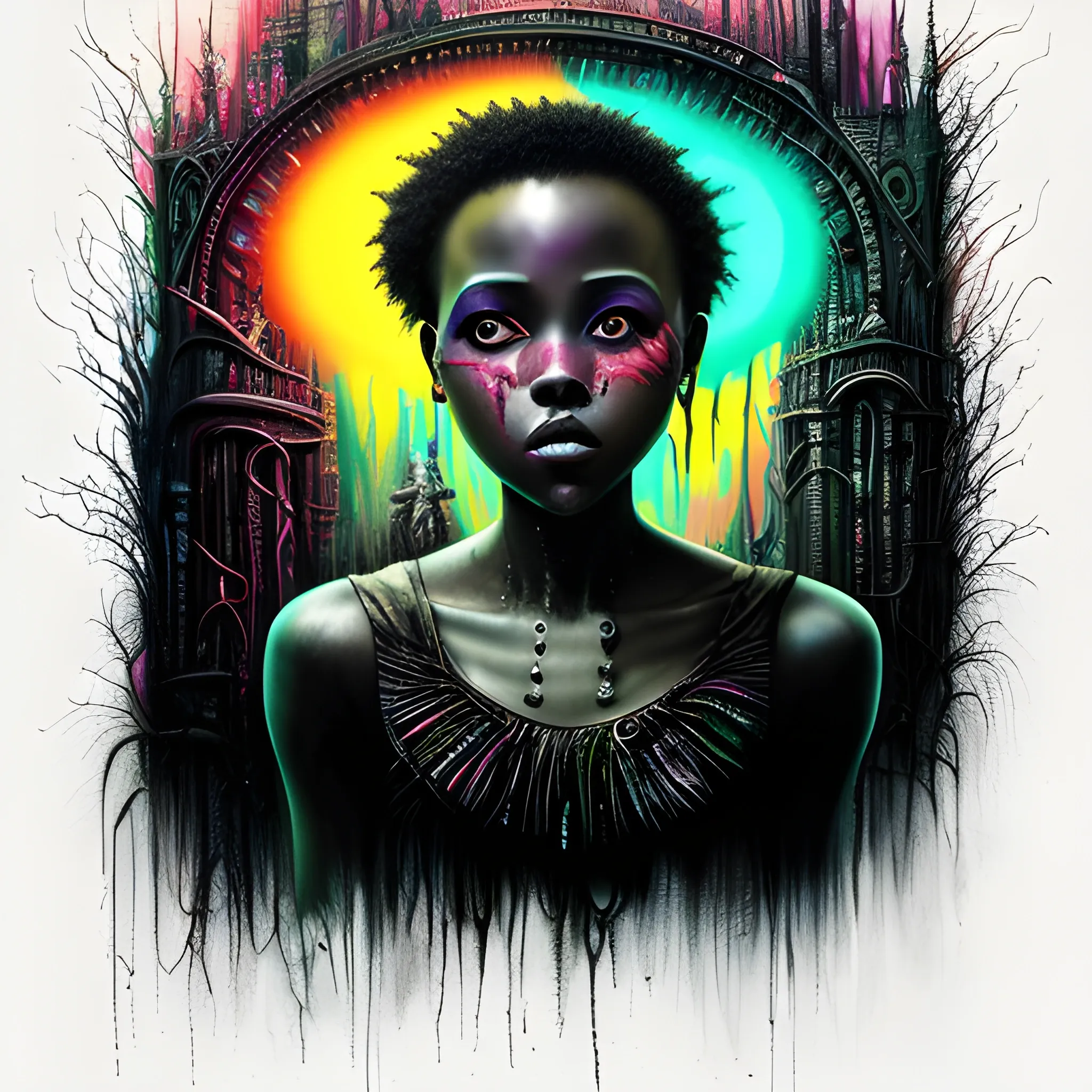  Masterpiece, scenic; Lupita Nyong'o; neon spray paint, acrylic paint, fantastical surrealist world, in the style of Stephen Gammell and Shawn Coss, extremely detailed, sick, gothic, eldritch