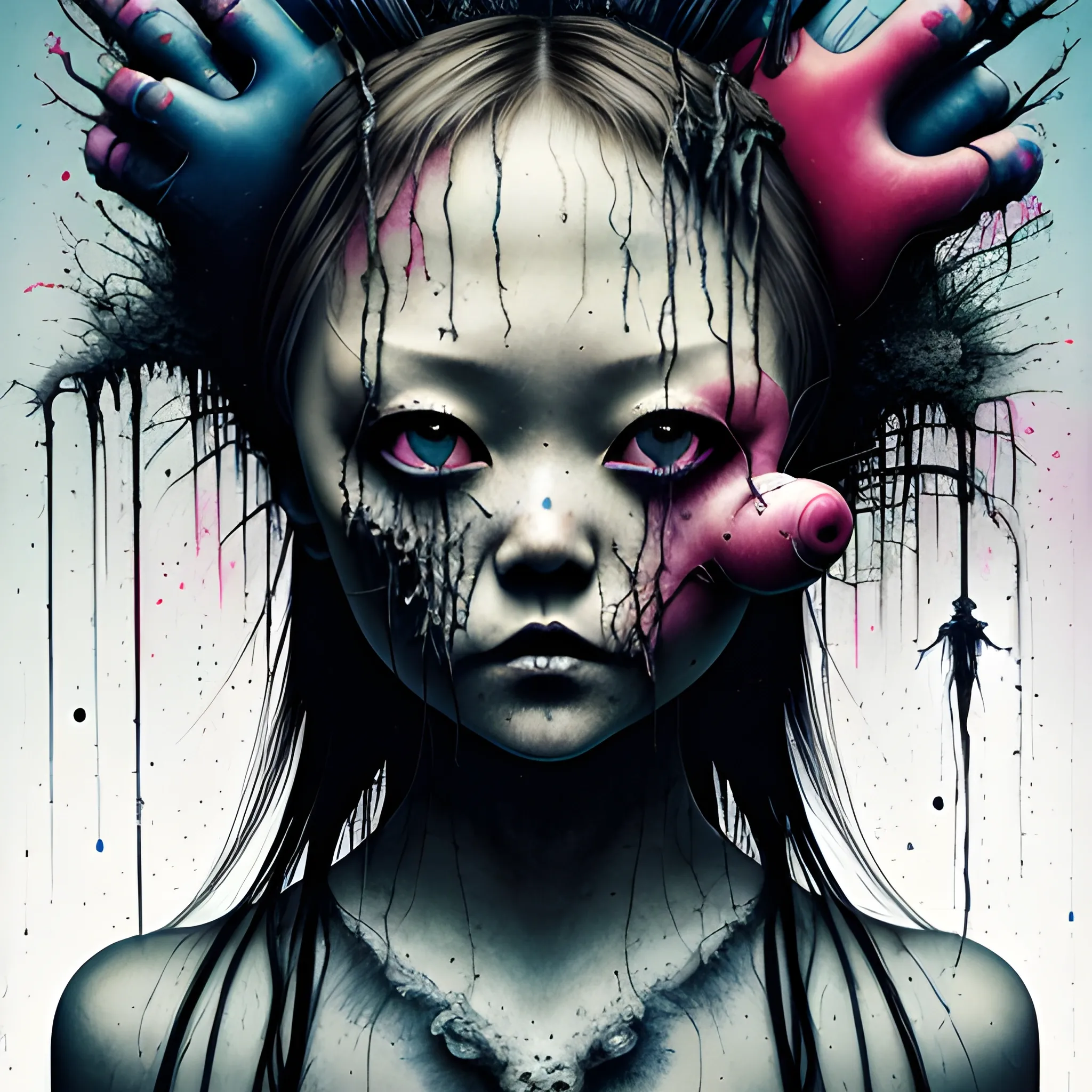  Masterpiece, scenic; Devon Aoki; neon spray paint, acrylic paint, fantastical surrealist world, in the style of Stephen Gammell and Shawn Coss, extremely detailed, sick, gothic, eldritch