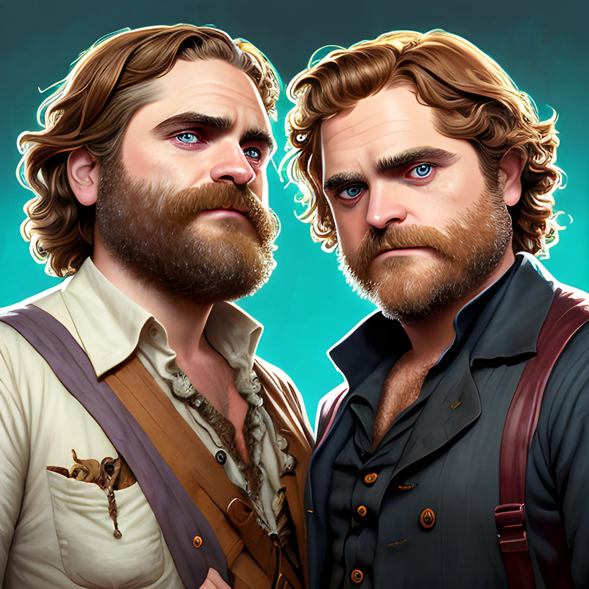 Joaquin Phoenix and Zach Galifianakis doing cosplay as pirates, highly detailed faces, modern American; by Lisa Frank, Daniel Gerhartz, Phil Noto art, Mucha, Manara; hyper-detailed, hyper-realistic, sharp focus; symmetrical face; textured shading, subtractive lighting, Unreal Engine