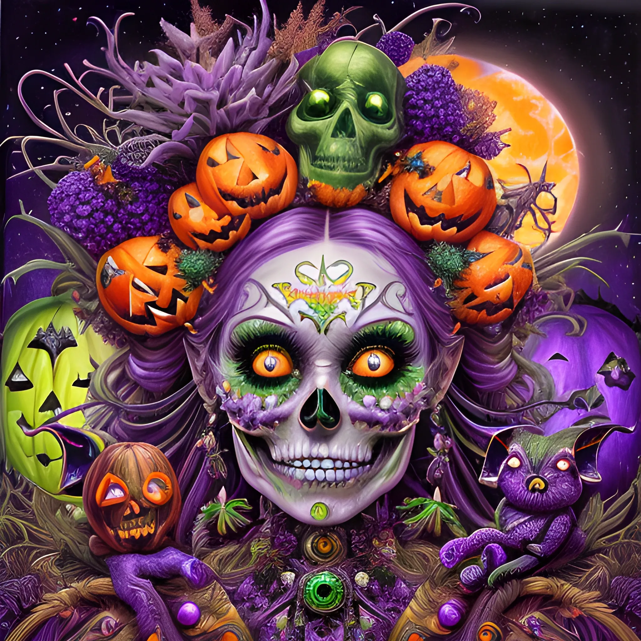  hyperdetailed oil on canvas, a beautiful Halloween Witch, detailed face; orange, green, purple, sparkle fairy dust, glitter, neon grape purple pumpkins, green skulls, orange bats, meticulously detailed; magic, surrounded by luminous color sparkles and marijuana plants, outdoors, starry night, full moon in a psychedelic nebula sky