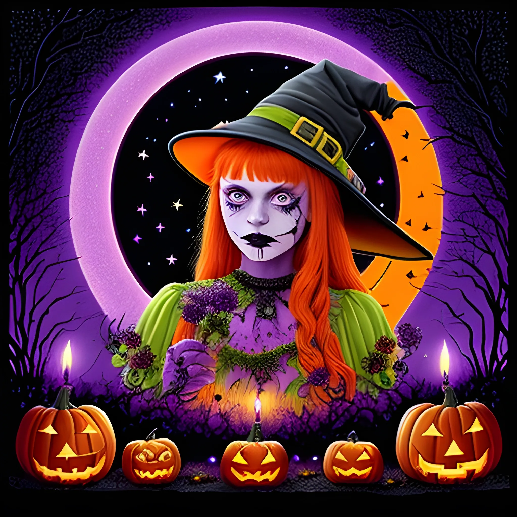 Bella Thorne / Sadie Sink face morph as a Halloween Witch, wearing a thorny witch hat adorned with thorns and black roses; Halloween, bats, full moon in a nebula sky, neon spray paint, acrylic paint, fantastical surrealist world, in the style of Stephen Gammell, extremely detailed, sick, gothic, eldritch, candles, neon grape purple, dayglo orange, chartreuse green, Halloween perfect purple pumpkins, green skulls, orange bats, magic, candles, cobweb, spider, glitter, luminous color sparkles, dayglo orange, neon grape purple, chartreuse green, hot pink, stars, sparkles, glitter, lanterns, gourds, Halloween; Goddess of the Night with a crescent moon and many stars in the style of Maxfield Parrish, starry night, James R. Eads