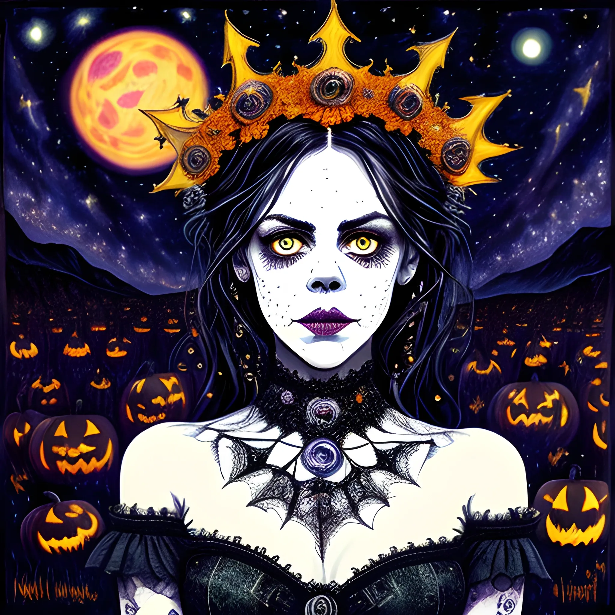 finely detailed eyes, Fairuza Balk as a Halloween Witch with an ornate Halloween themed crown, mixed media, complimentary color, the starry night background, pumpkins, bats, full moon under a nebula sky; in the art style of Kaethe Butcher, Pierre-Auguste Renoir. beautiful lights, luminous color sparkles, glitter, effulgent light