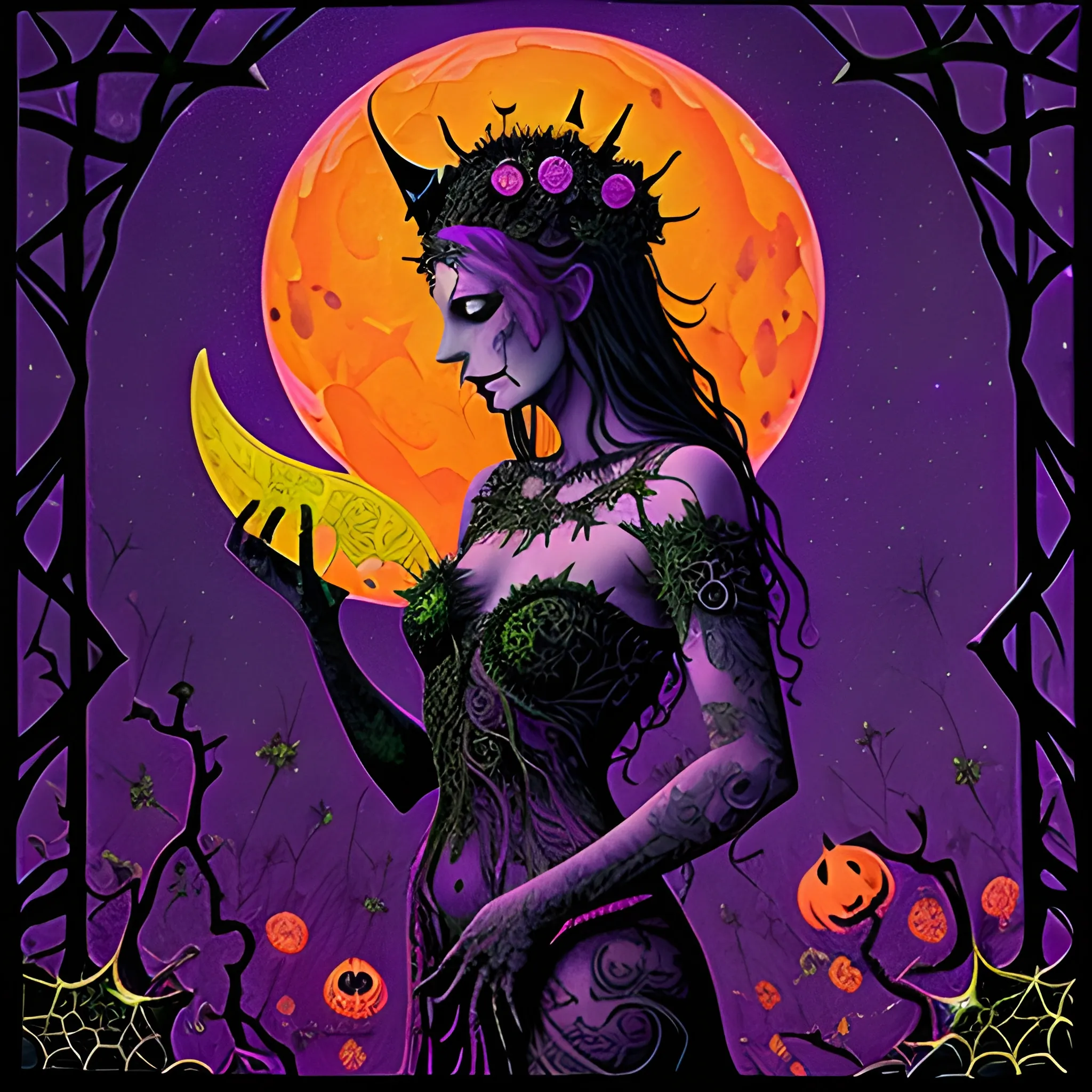 a woman wearing a thorny crown of black roses and weeping black tears, Halloween, bats, full moon in a nebula sky; perfect purple pumpkins, green skulls, orange bats, magic, candles, cobweb, spider, neon spray paint, acrylic paint, fantastical surrealist world, in the style of Stephen Gammell, extremely detailed Zentangle style, sick, gothic, eldritch, glitter, luminous color sparkles, dayglo orange, neon grape purple, chartreuse green, Halloween; Nyx Goddess of the Night with a crescent moon and many stars in the style of Maxfield Parrish, starry night, James R. Eads