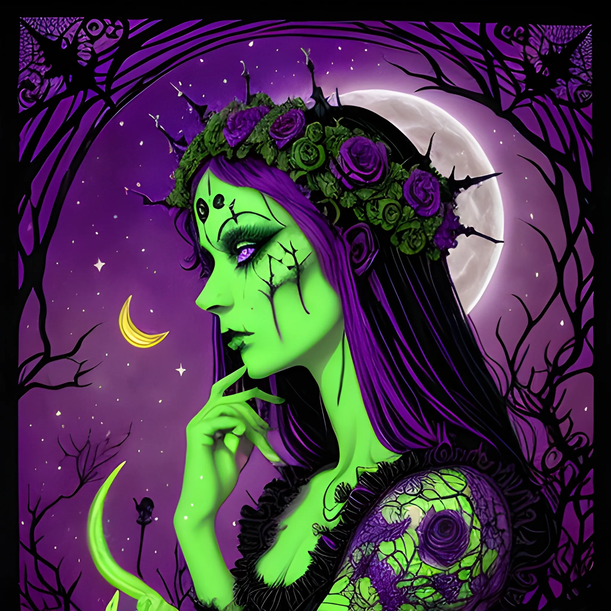 a woman wearing a thorny crown of black roses and weeping black tears, Halloween, bats, full moon in a nebula sky; perfect purple pumpkins, green skulls, orange bats, magic, candles, cobweb, spider, neon spray paint, acrylic paint, fantastical surrealist world, in the style of Stephen Gammell, extremely detailed Zentangle style, sick, gothic, eldritch, glitter, luminous color sparkles, dayglo orange, neon grape purple, chartreuse green, Halloween; Nyx Goddess of the Night with a crescent moon and many stars in the style of Maxfield Parrish, starry night, James R. Eads