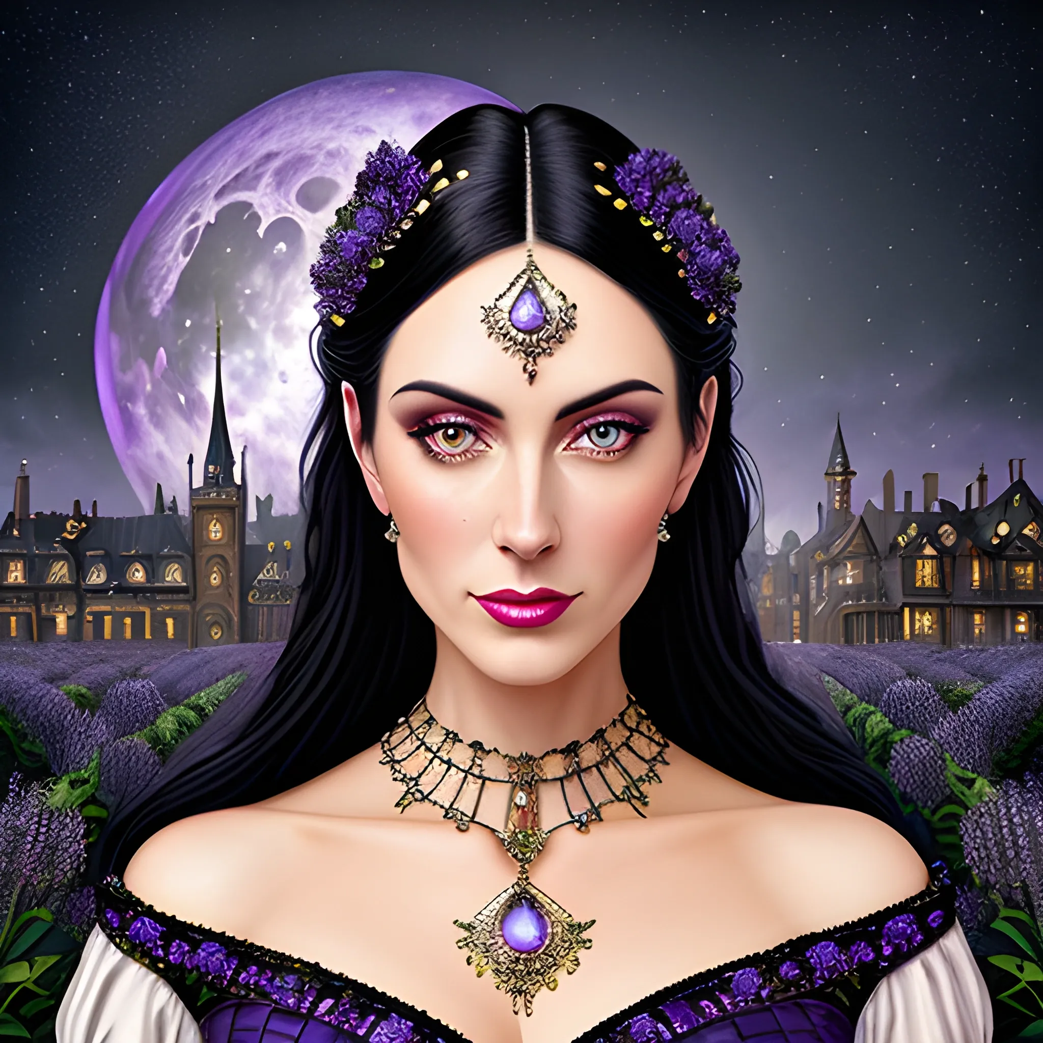 Lilac Princess, beautiful woman wears a lavender sequined dress. She has long, sleek black hair, and stands in front of lilac bushes. Her features are symmetrical, lovely, and anatomically correct. She wears amethyst jewelry. Lips are soft, in a slight smile; behind her a cityscape, and full smooth moon in a nebula sky, clouds; fantasy, Vintage Art, 16k resolution, intricately detailed, Renaissance, Chromolithography Soft Shading; ethereal fantasy, realistic oil painting. Victorian era, glitter, old fashioned, vintage, antique, renaissance, gothic, eldritch, highly intricate, sophisticated and complex digital painting, concept art, hyperrealism, Cinema 4D, 8k resolution, 64 megapixels, CGSociety, ZBrushCentral, behance HD, hypermaximalist, parallax
