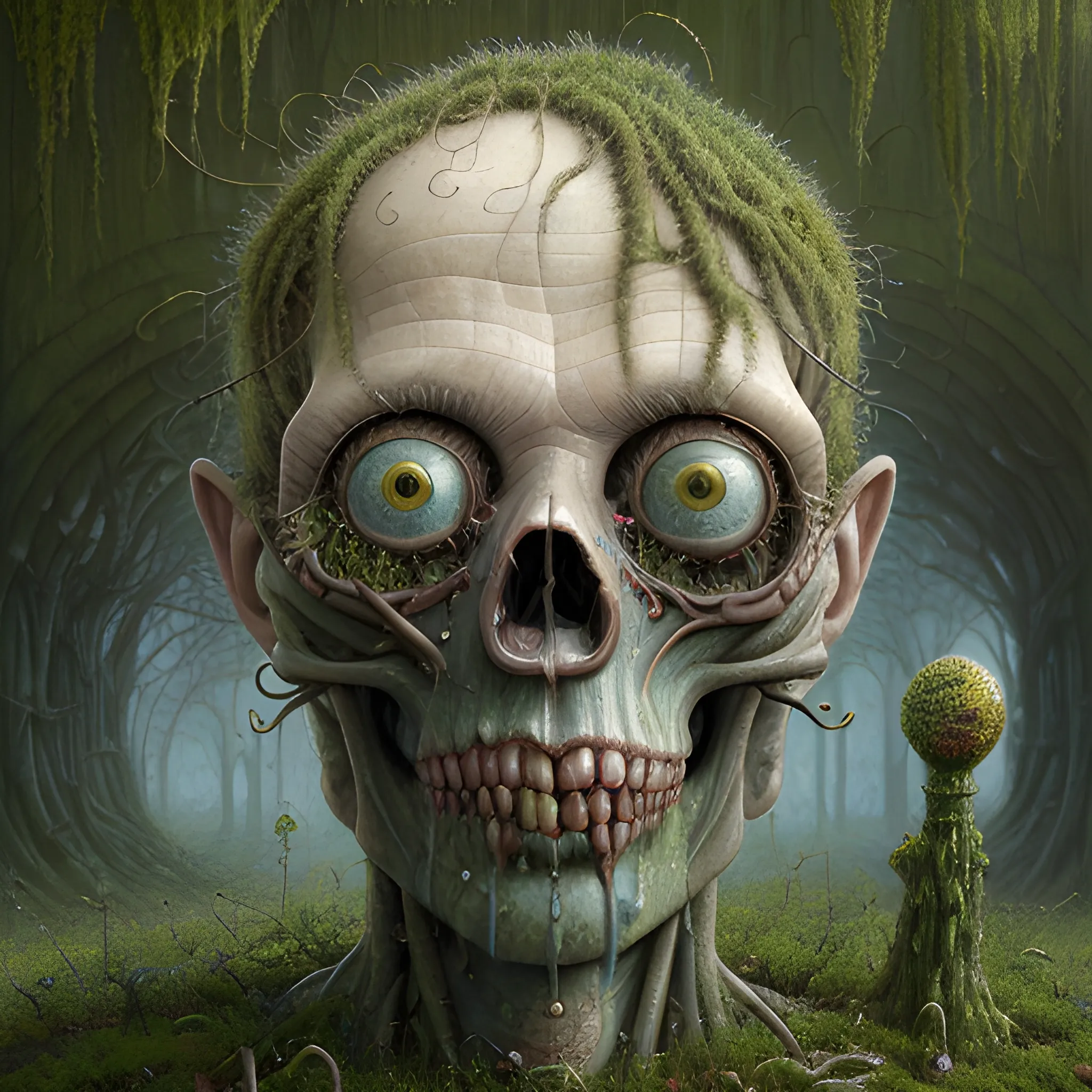 A hyperreal oil painting of a decayed zombie head, bulging eyes, rotten green skin, grey beard, blue veins, moss ivy hair skull, octane render; gediminas pranckevicius, volumetric light 2, laurie lipton, minarets, fantasy, high definition, acrylic art, intricately detailed, Jacek Yerka, Peter Gric, Hundertwasser