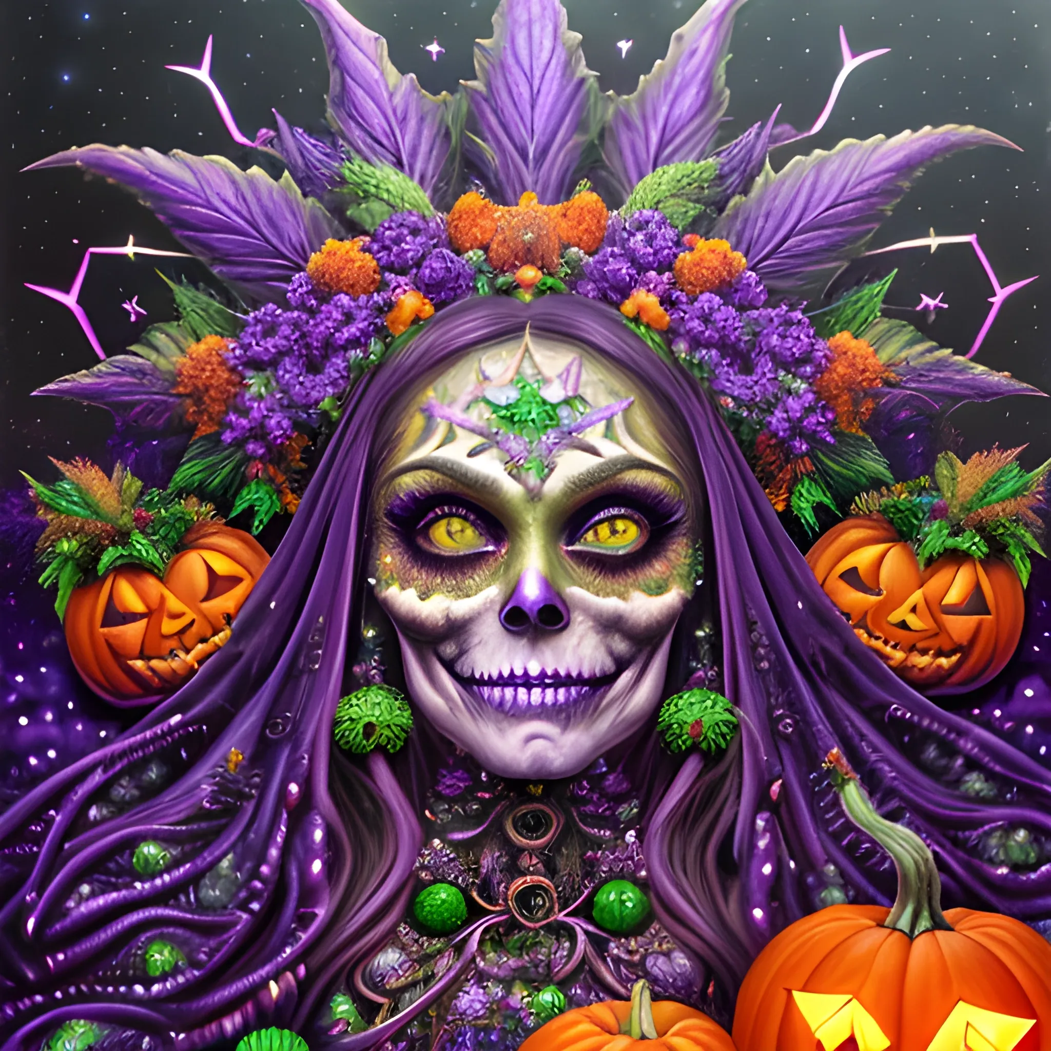  hyperdetailed oil on canvas, a beautiful Halloween Witch, detailed face; orange, green, purple, sparkle fairy dust, glitter, neon grape purple pumpkins, green skulls, orange bats, meticulously detailed; magic, surrounded by luminous color sparkles and marijuana plants, outdoors, starry night, full moon in a psychedelic nebula sky