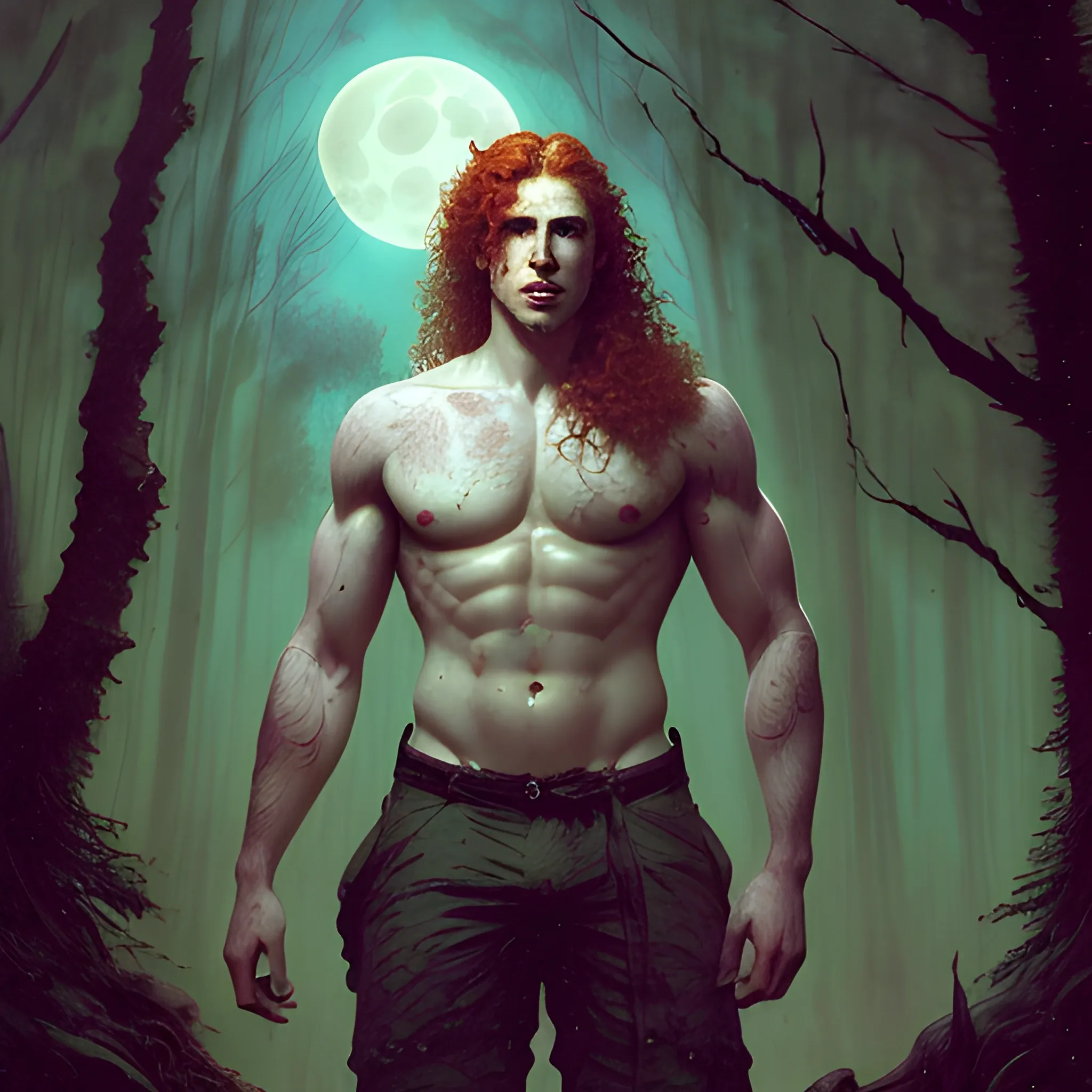 Attractive male, long red curly hair, chiseled, handsome, freckles, perfect face, hyperdetailed eyes and an athletic, masculine body, under a painted neblua sky, full moon; deep forest, spooky ambiance, by gaston bussiere, craig mullins, j. c. leyendecker