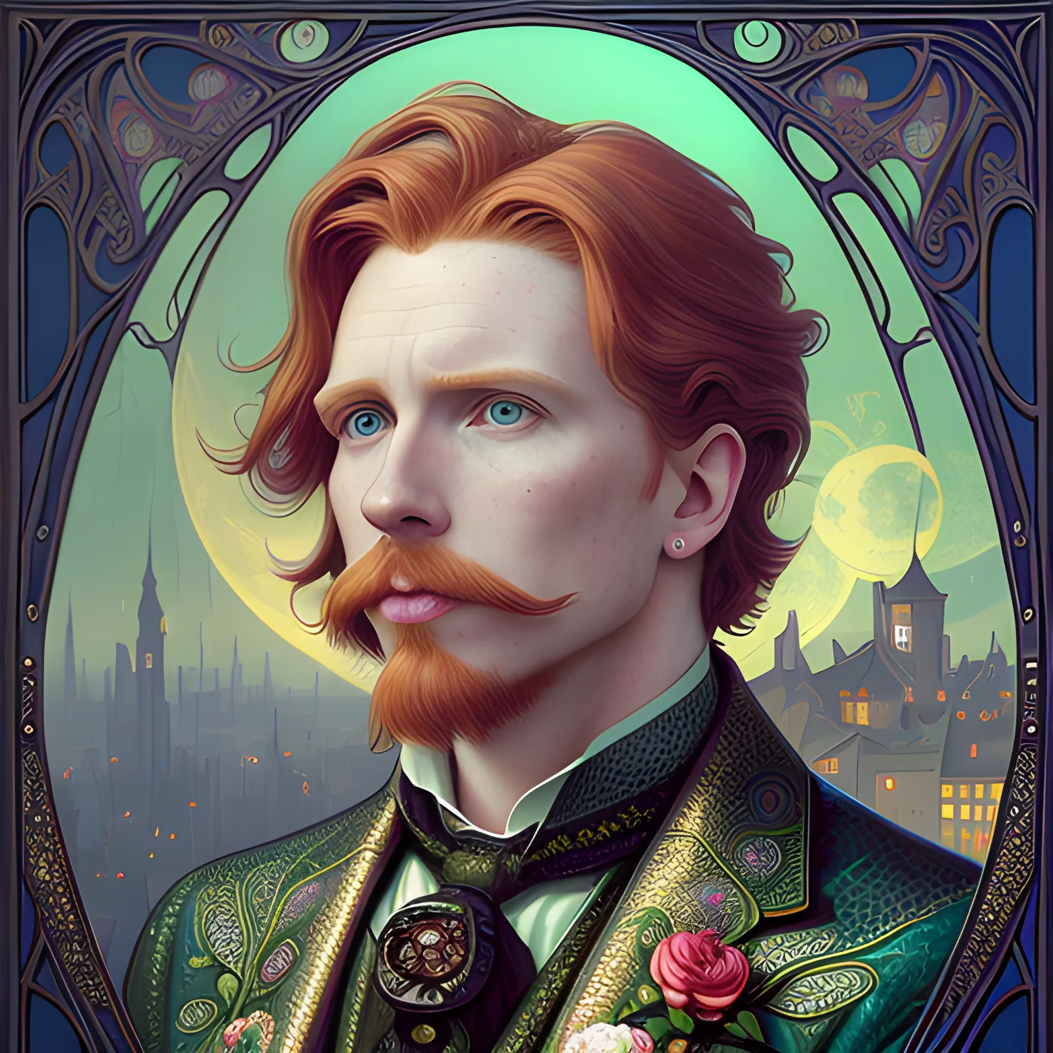 finely detailed eyes, male actor Courtney Gains, the man's hyperdetailed, softly freckled face, his clean, clear, detailed green eyes, meticulously detailed, multi-hued, long red hair; cityscape, full smooth moon in a nebula sky, clouds; fantasy, Vintage Art, 16k resolution art Nouveau poster; Alphonse Mucha, WLOP, Illustration intricately detailed, Renaissance, Chromolithography Soft Shading; ethereal fantasy maximalist matte painting. Catherine Abel, and James R. Eads, realistic oil painting. Victorian era, glitter, old fashioned, vintage, antique, renaissance, gothic, eldritch, highly intricate, sophisticated and complex digital painting, concept art, hyperrealism, Cinema 4D, 8k resolution, 64 megapixels, CGSociety, ZBrushCentral, behance HD, hypermaximalist, male, man