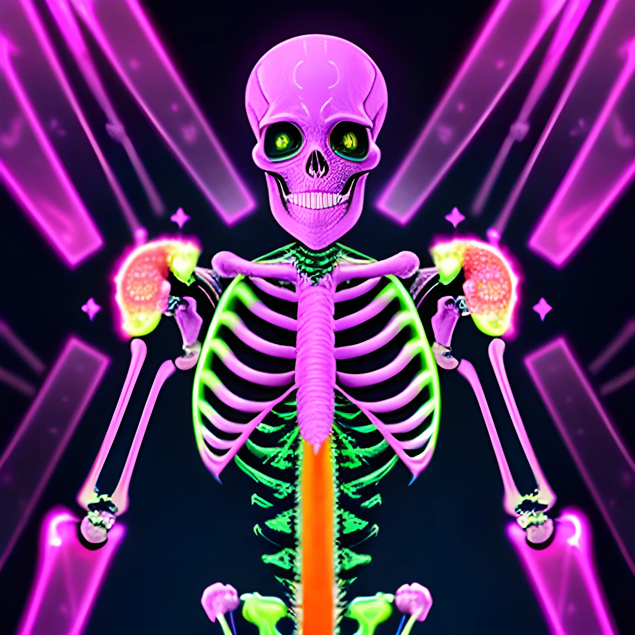 a beautiful full-body skeleton with skull head with glowing eyes, iridescent, geometric, fractal, glow anaglyph effect, dynamic lighting, bioluminescent neon, colorful sparkles, magic, intricate hyperdetailed skeleton, hot pink, neon grape purple, dayglo orange, chartreuse green