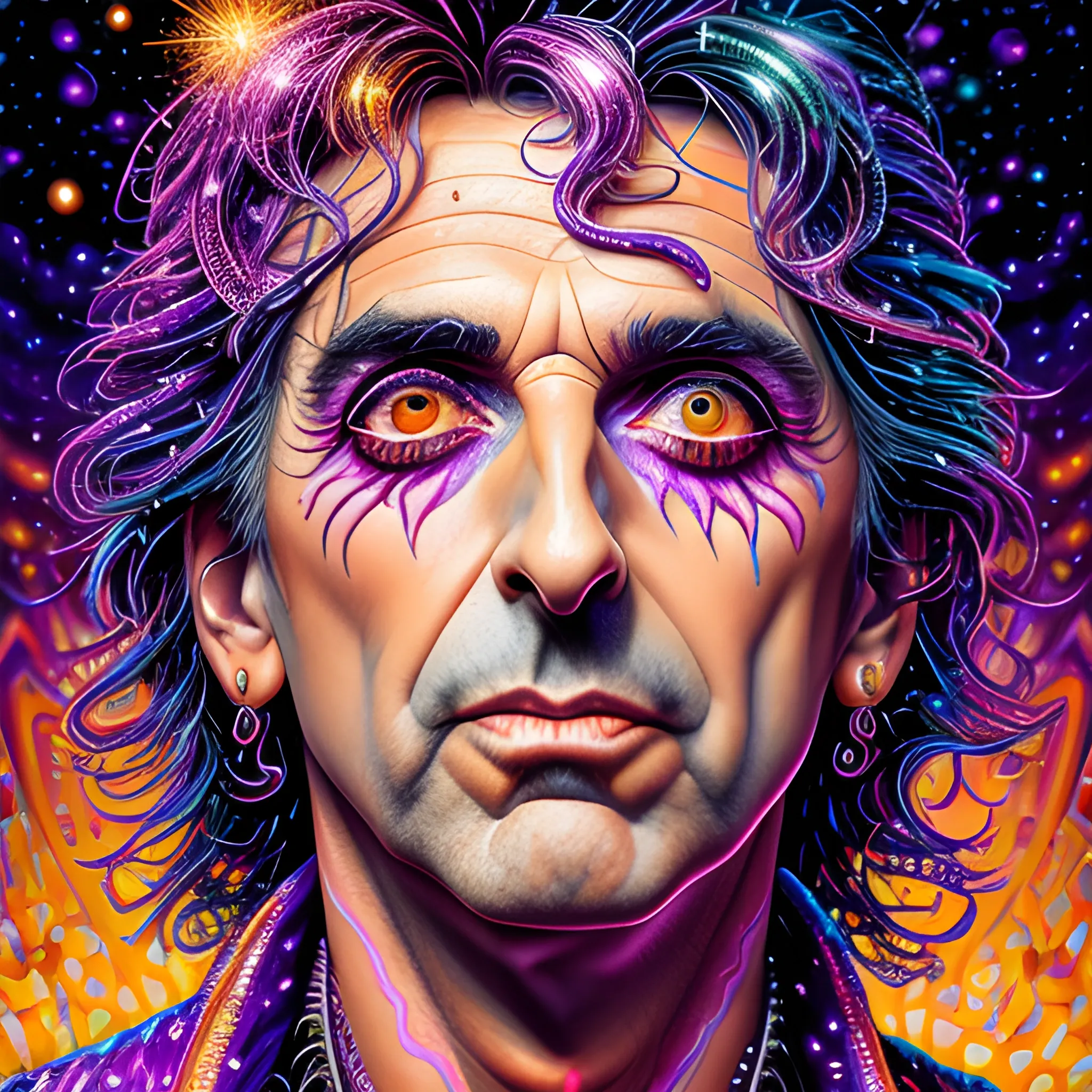 hyperdetailed oil on canvas, Alice Cooper, his handsome perfect, precisely detailed face, orange, pink, purple, luminous colorful sparkles, by James R. Eads, Gawki, rajewel, Tania Rivilis, Dan Mumford, glitter, airbrush, Octane Render, elegant, volumetric lighting, 16k