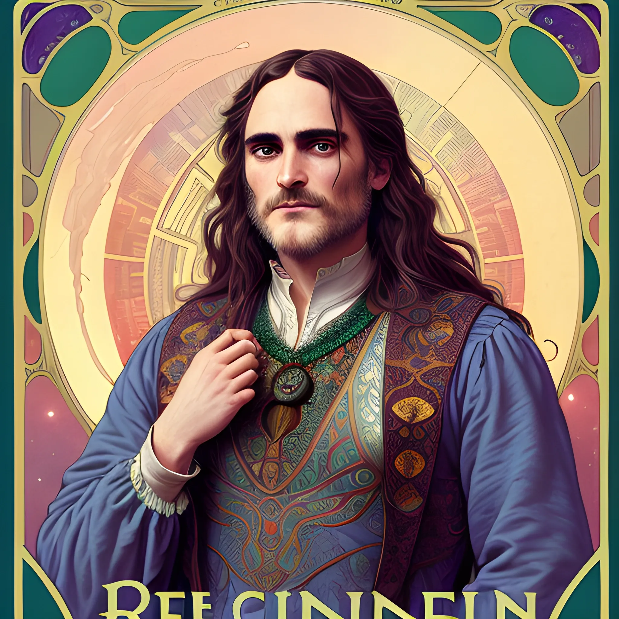 Joaquin Phoenix, his highly detailed, softly freckled handsome face, his clean, clear lavender-green eyes, meticulously detailed, multi-hued, long dark hair; hippie, fullmoon in a nebula sky, clouds; fantasy, Vintage Art, 8k resolution art Nouveau poster; Alphonse Mucha, Artgerm, WLOP, Illustration intricately detailed, trending on Artstation, Renaissance, triadic colors, Chromolithography Soft Shading