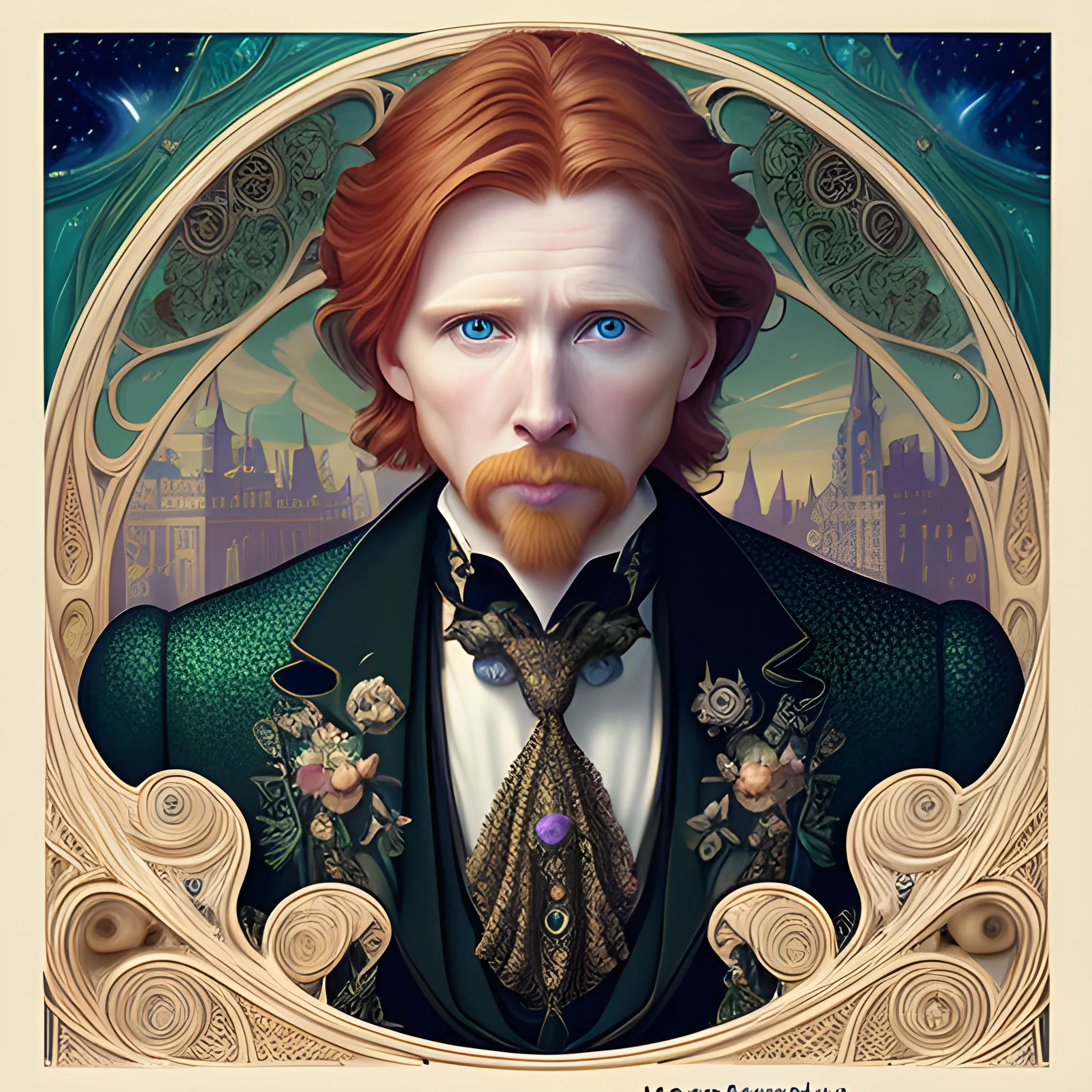 finely detailed eyes, male actor Courtney Gains, the man's hyperdetailed, softly freckled face, his clean, clear, detailed green eyes, meticulously detailed, multi-hued, long red hair; cityscape, full smooth moon in a nebula sky, clouds; fantasy, Vintage Art, 16k resolution art Nouveau poster; Alphonse Mucha, WLOP, Illustration intricately detailed, Renaissance, Chromolithography Soft Shading; ethereal fantasy maximalist matte painting. Catherine Abel, and James R. Eads, realistic oil painting. Victorian era, glitter, old fashioned, vintage, antique, renaissance, gothic, eldritch, highly intricate, sophisticated and complex digital painting, concept art, hyperrealism, Cinema 4D, 8k resolution, 64 megapixels, CGSociety, ZBrushCentral, behance HD, hypermaximalist, male, man