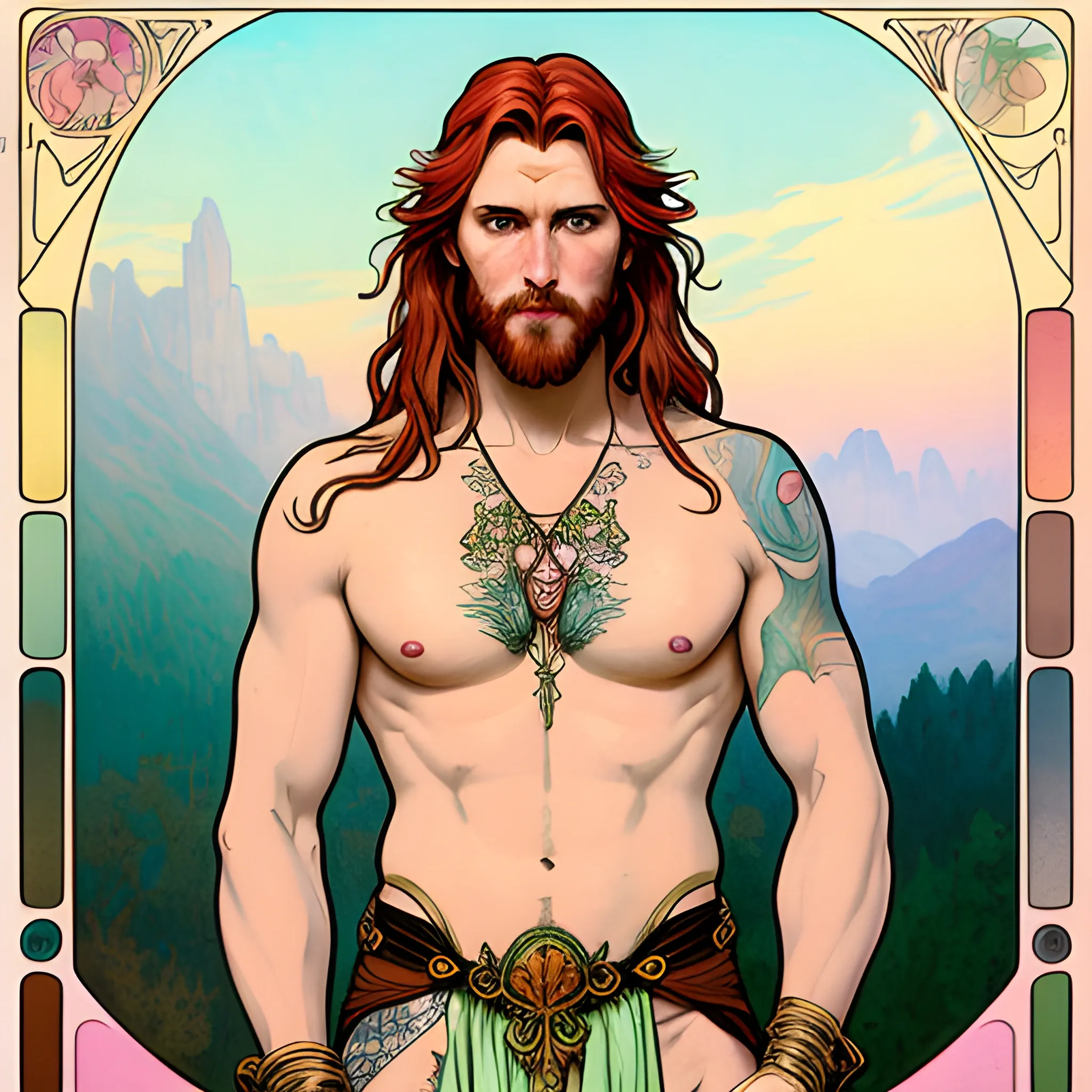 young Malachai of the Corn, his highly detailed, softly freckled handsome face, his clean, clear eyes, meticulously detailed, multi-hued, long red hair; hippie, pirate, he gazes far-away to the forest; pink, yellow, across a misty pastel-colored landscape, clouds; fantasy, Vintage Art, 8k resolution art Nouveau poster; Alphonse Mucha, Artgerm, WLOP, Illustration intricately detailed, trending on Artstation, Renaissance, triadic colors, Chromolithography Soft Shading