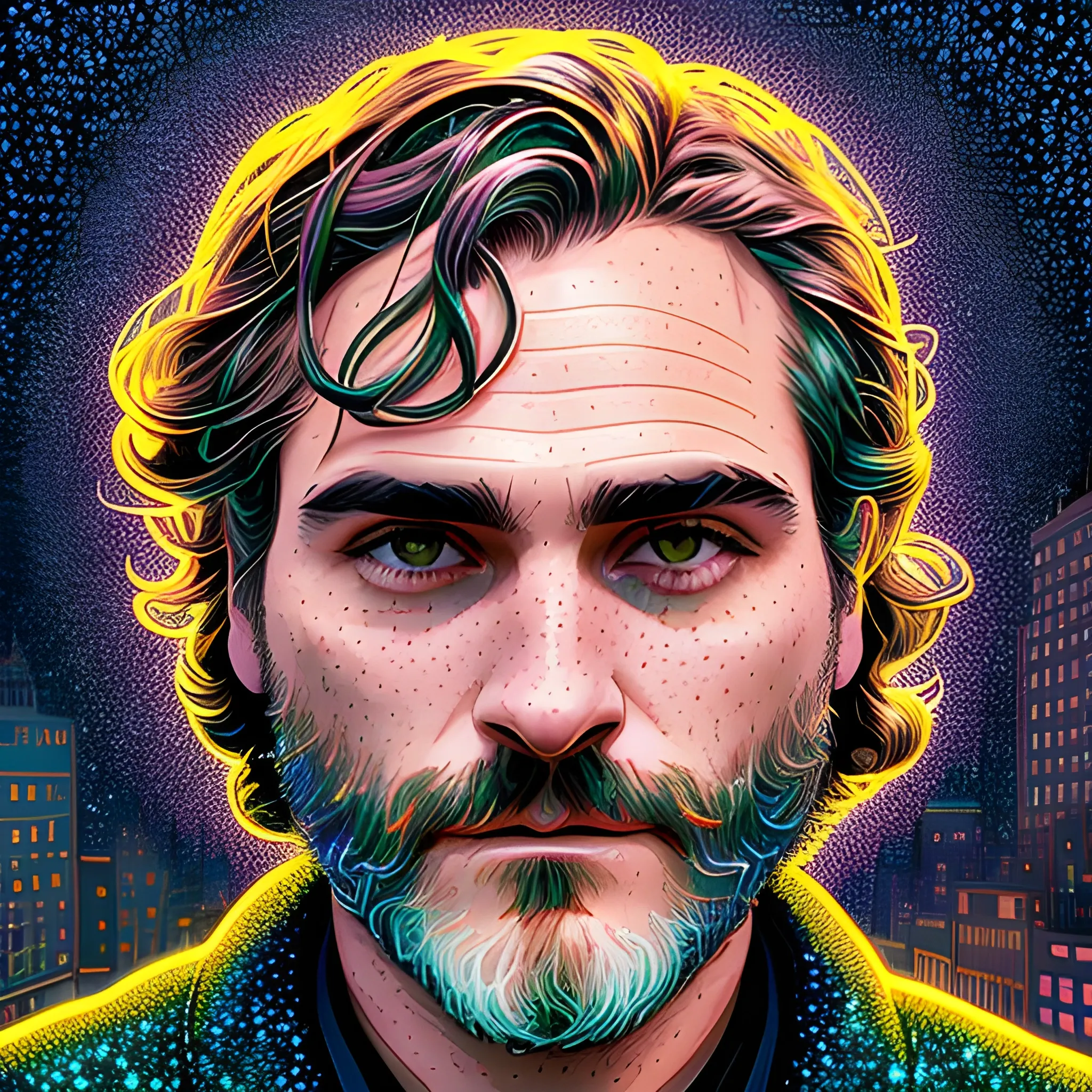 Joaquin Phoenix, his highly detailed, softly freckled handsome face, lavender-green eyes, meticulously detailed long dark hair; by James R. Eads, Fausto-Giurescu, Tania Rivilis, Dan Mumford; luminous colorful sparkles, glitter, airbrush, depth of field, volumetric lighting, downtown