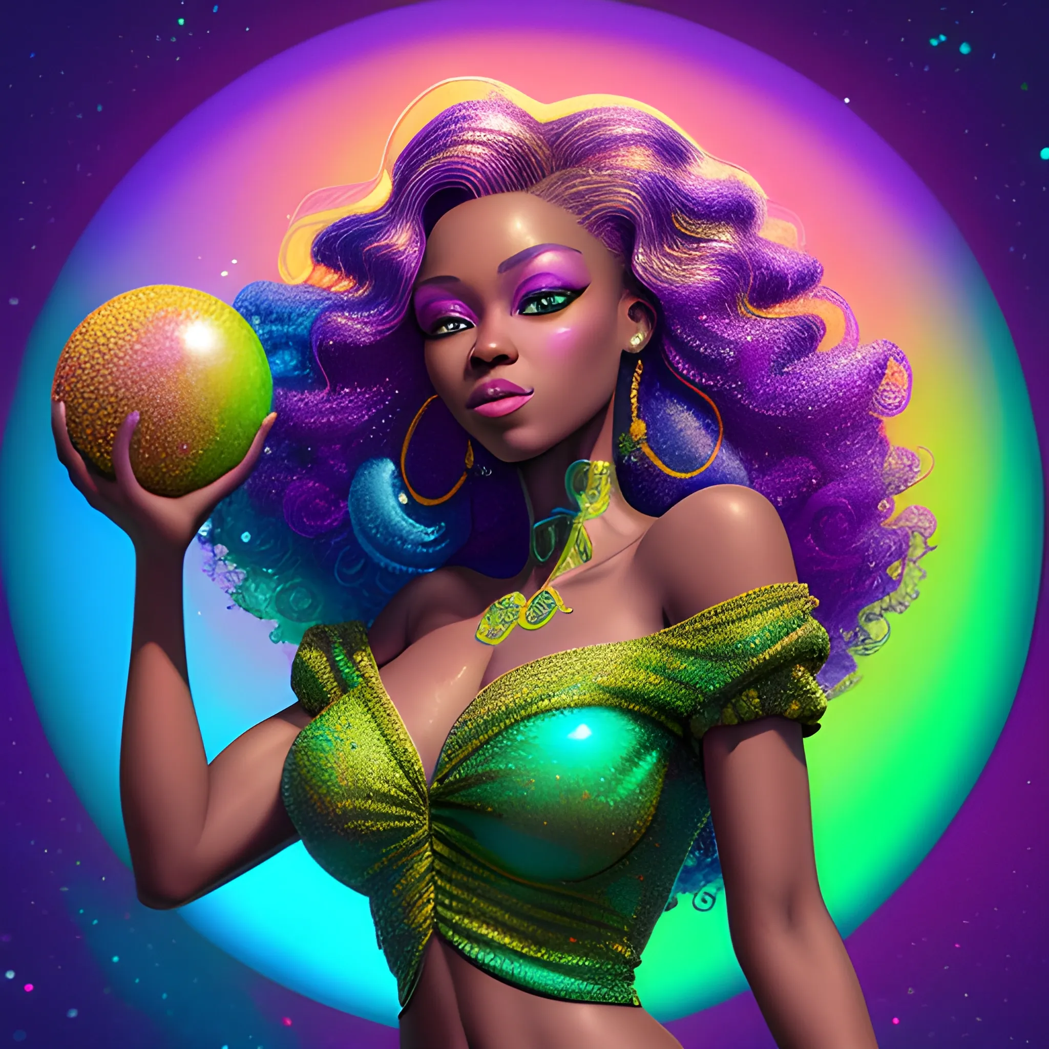 Charlotte Ayanna, perfect, anatomically correct perfect body, highly detailed beautiful face, green midriff dress, meticulously detailed multi-hued long dark curly hair, holding a purple ball in her hand; digital painting, smooth, sharp focus, colorful illustration, art by Lisa Frank, James R. Eads, artgerm and Maxfield Parrish; luminous color sparkles, glitter, neon, airbrush, Unreal Engine 5